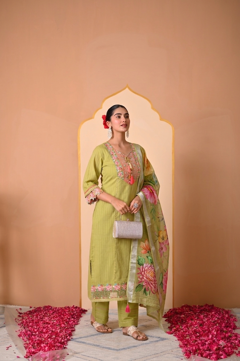 Slub Floral Plain Green Dupatta