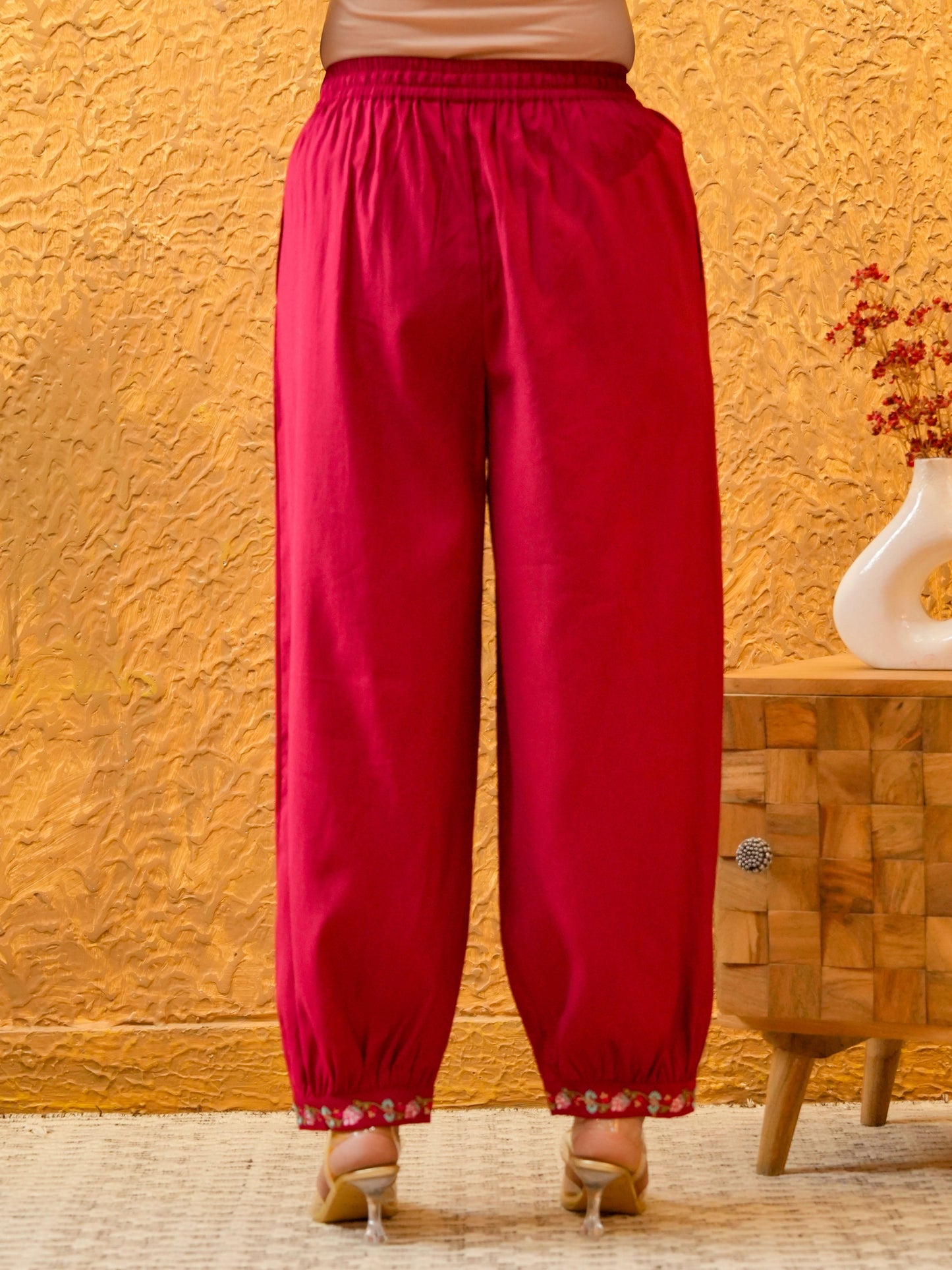 Embroidered Blended Silk Solid Straight Red Kurta