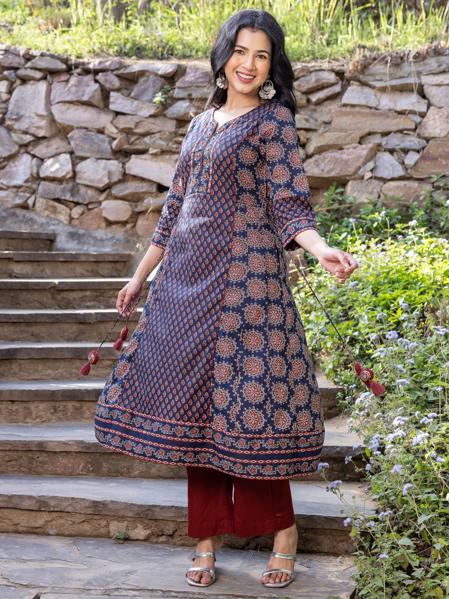 Soft Cotton Geometric A-line Blue Kurta
