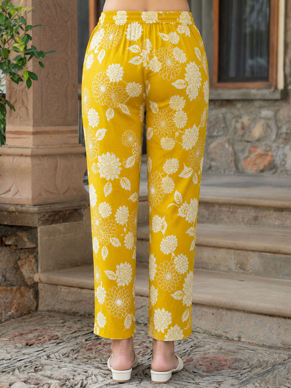 Soft Cotton Floral Flared Mustard Kurta