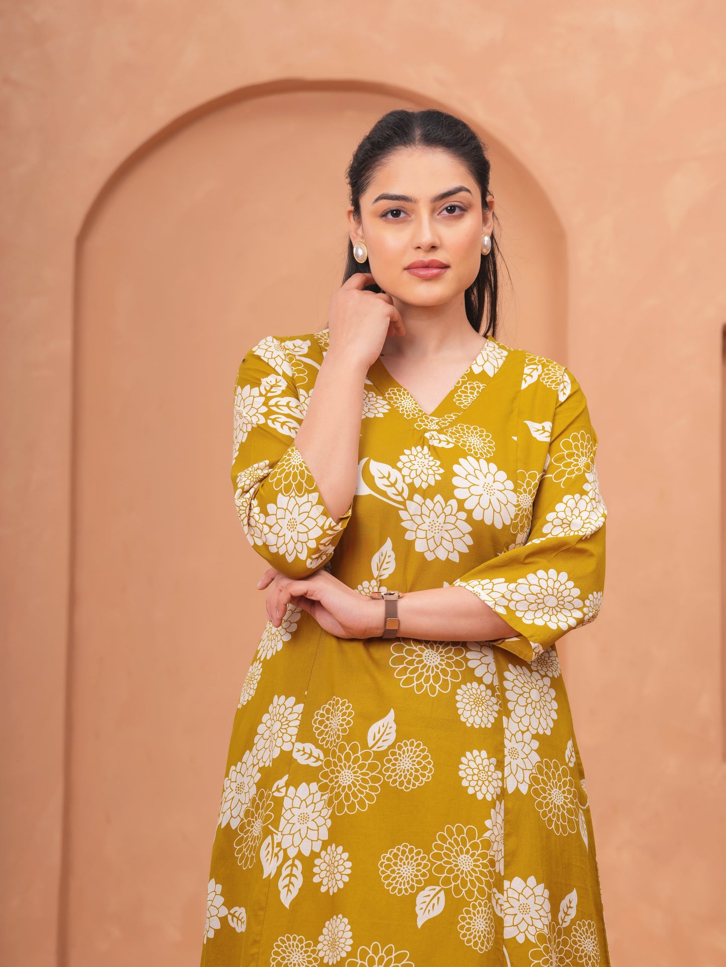 Soft Cotton Floral Flared Mustard Kurta