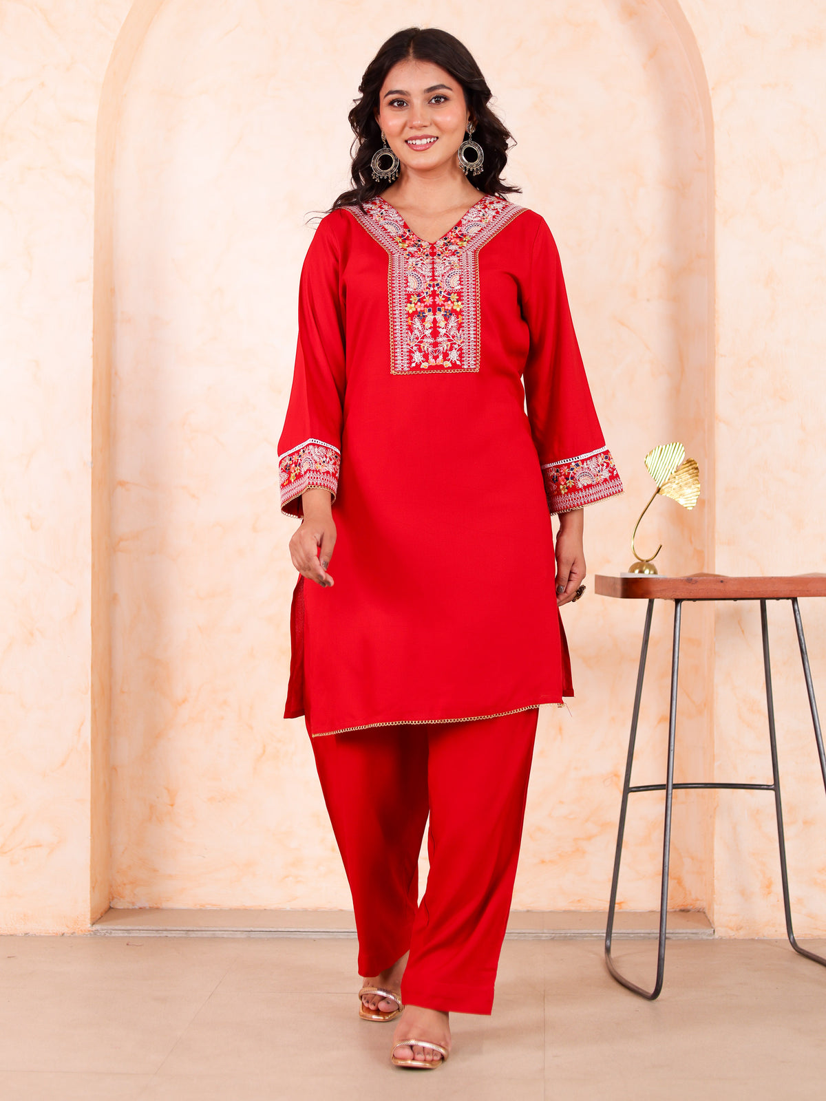 Embroidered Viscose Solid Straight Red Kurta