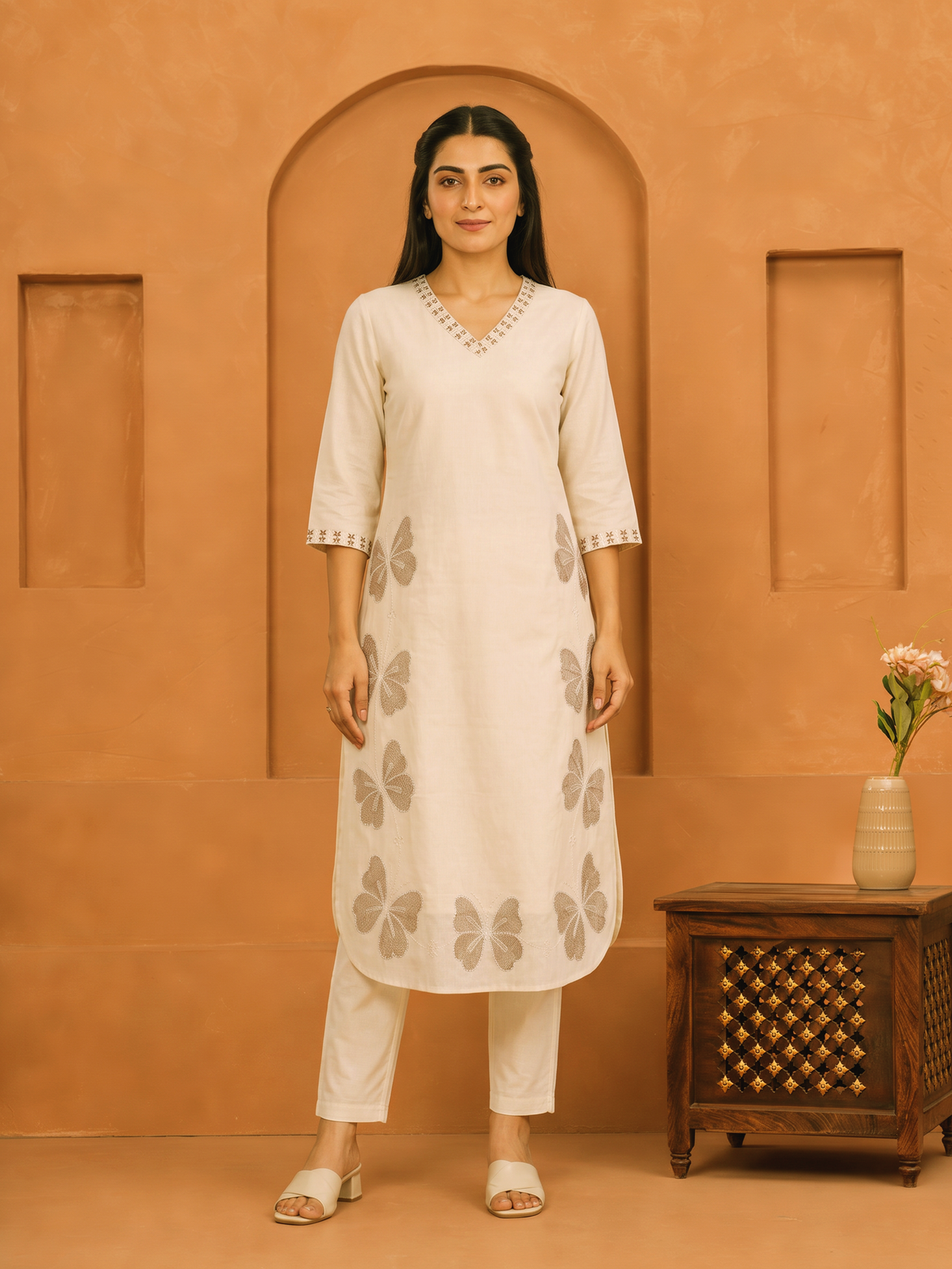 Embroidered Linen Cotton Straight Off White Kurta
