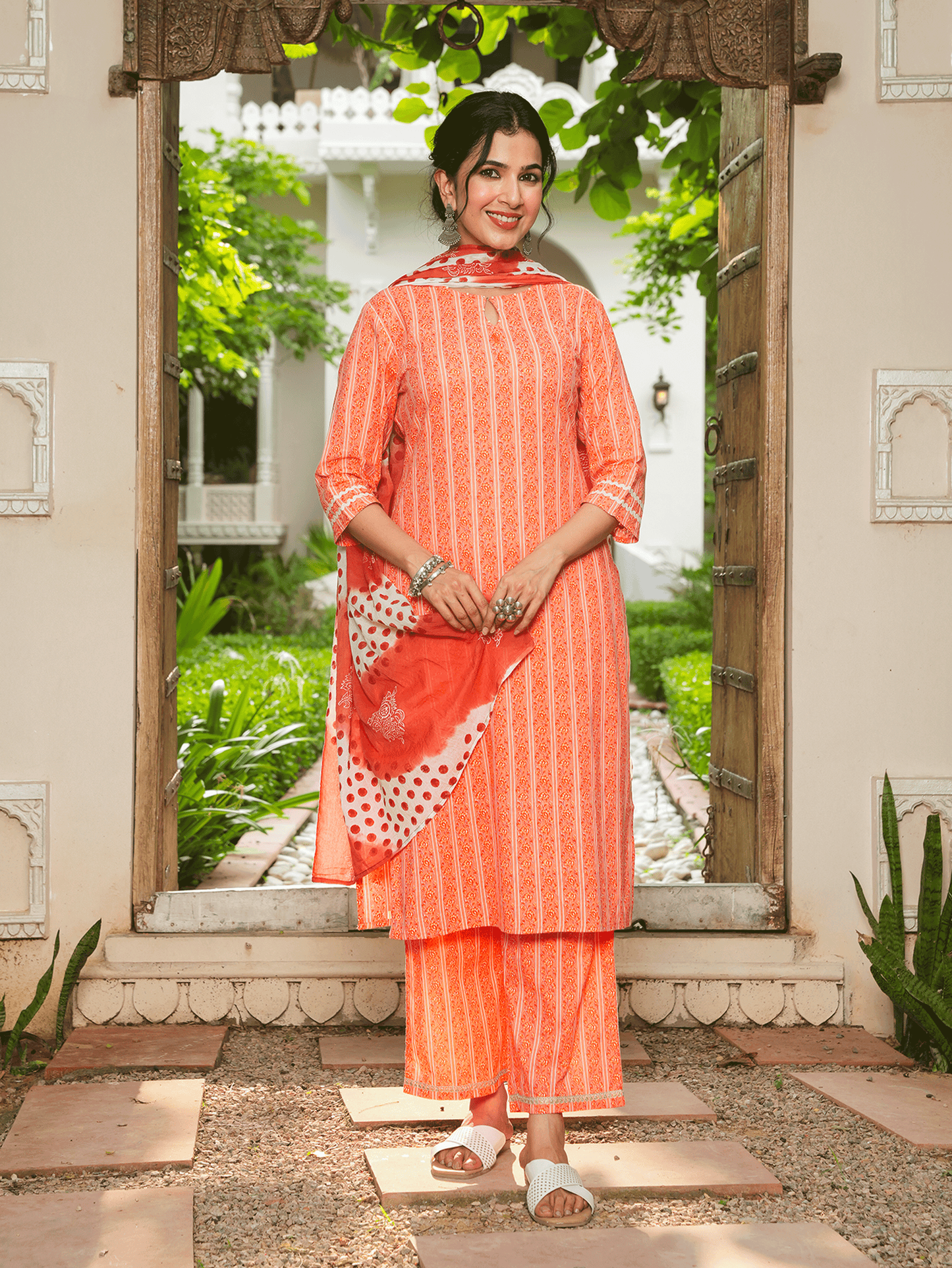Chiffon Block Orange Dupatta