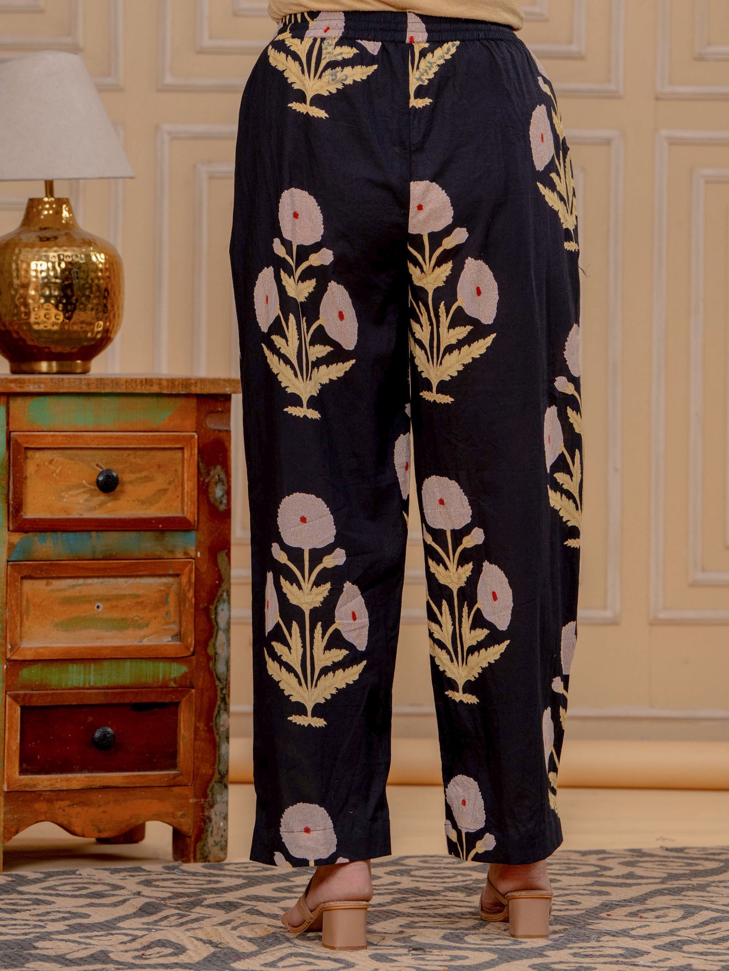 Soft Cotton Mughal Print Black Trousers
