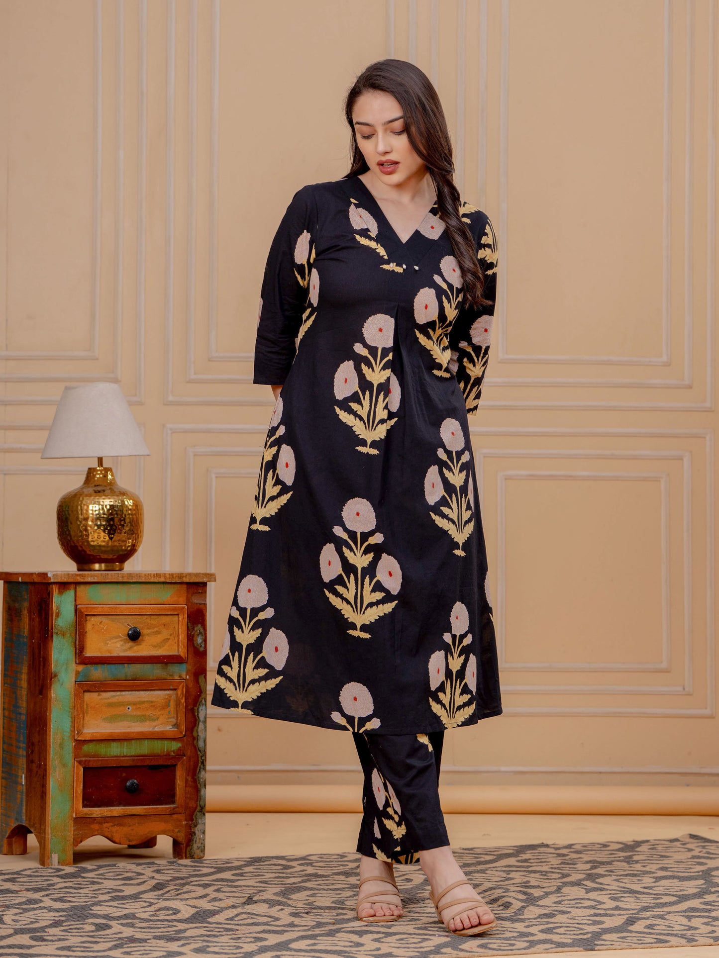 Soft Cotton Mughal Print Straight Black Kurta