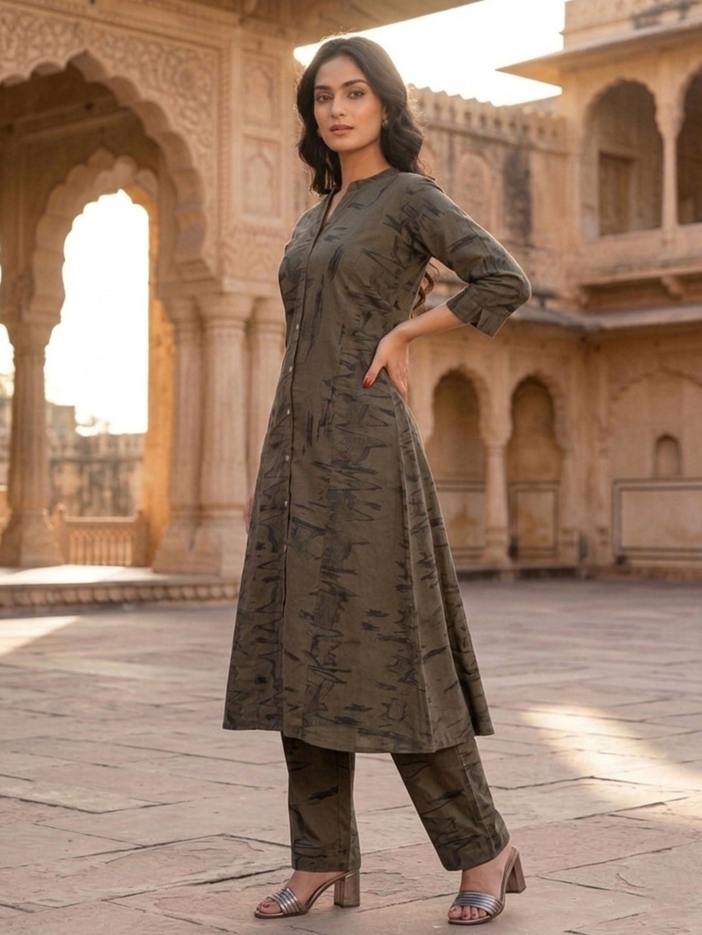 Viscose Abstract A-line Green Kurta