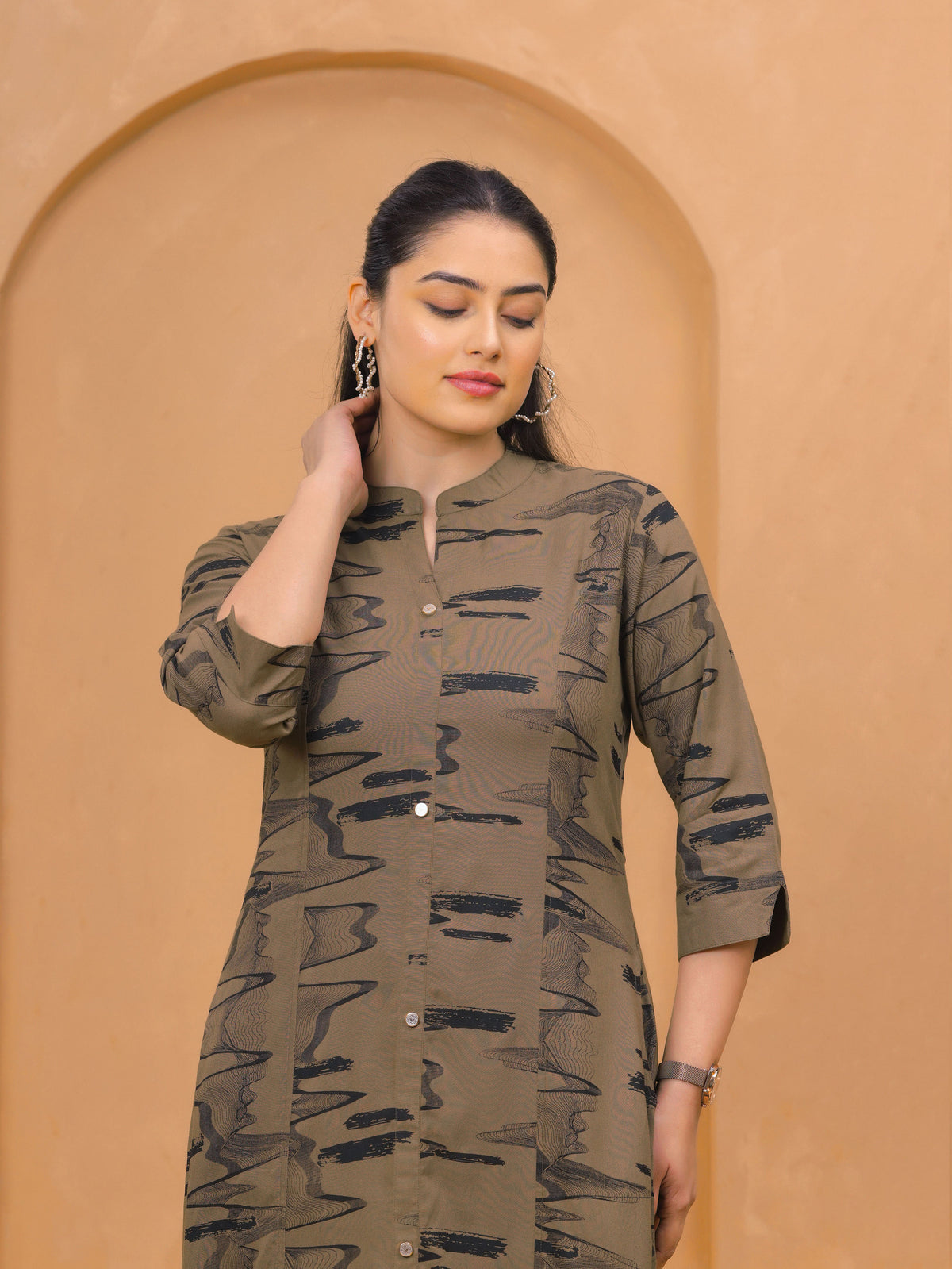 Viscose Abstract Flared Beige Kurta