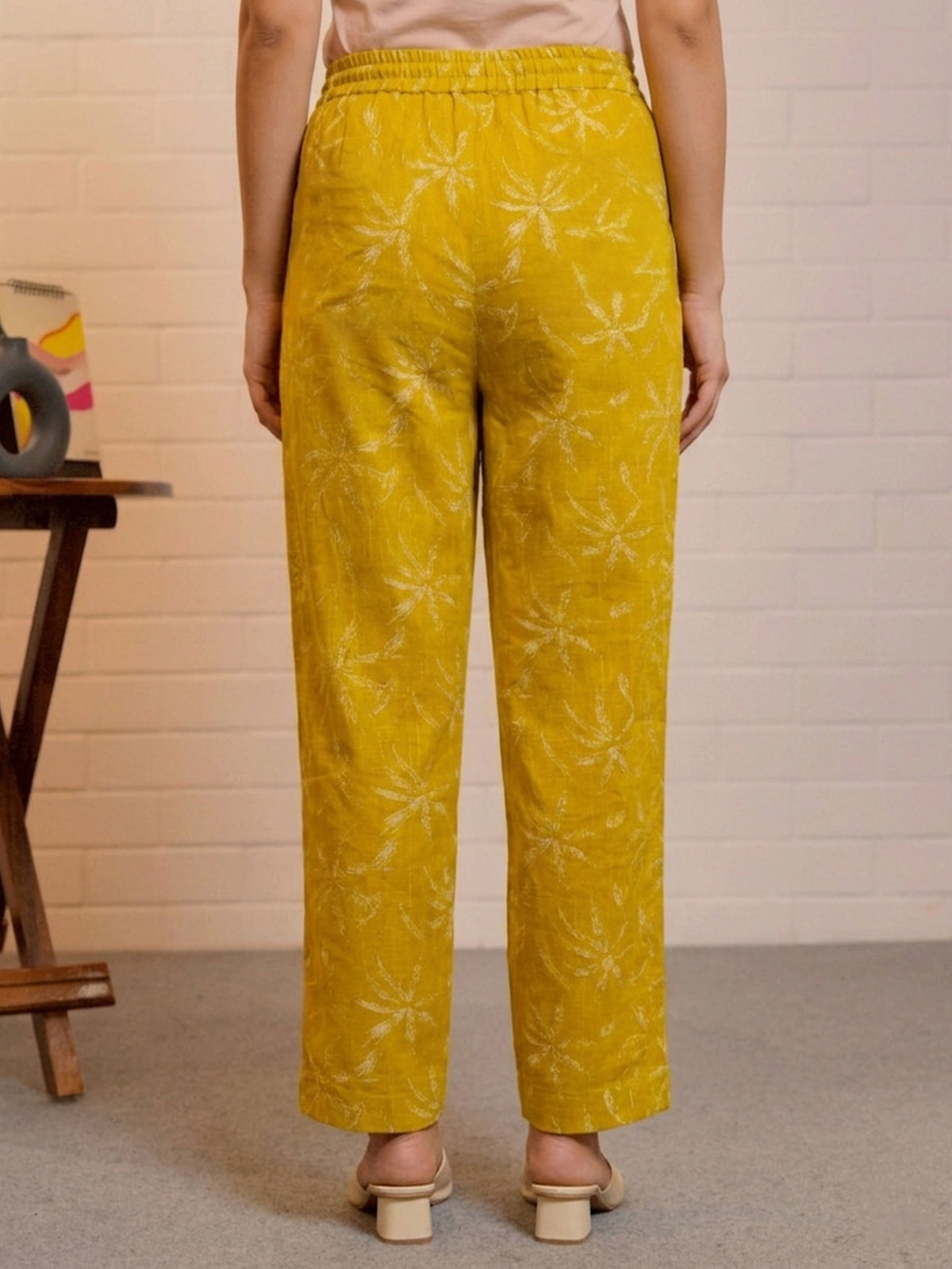 Slub cotton Floral Mustard Trousers Trousers