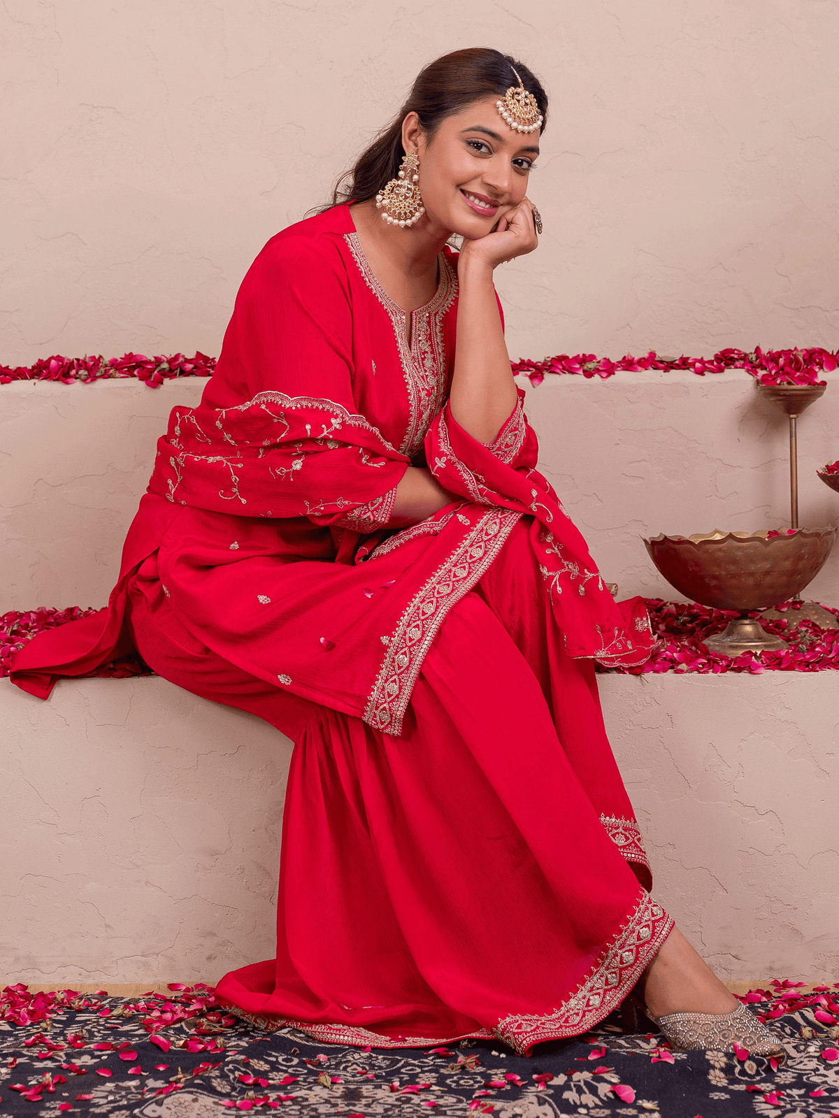 Embroidered Blended silk Solid Red Dupatta