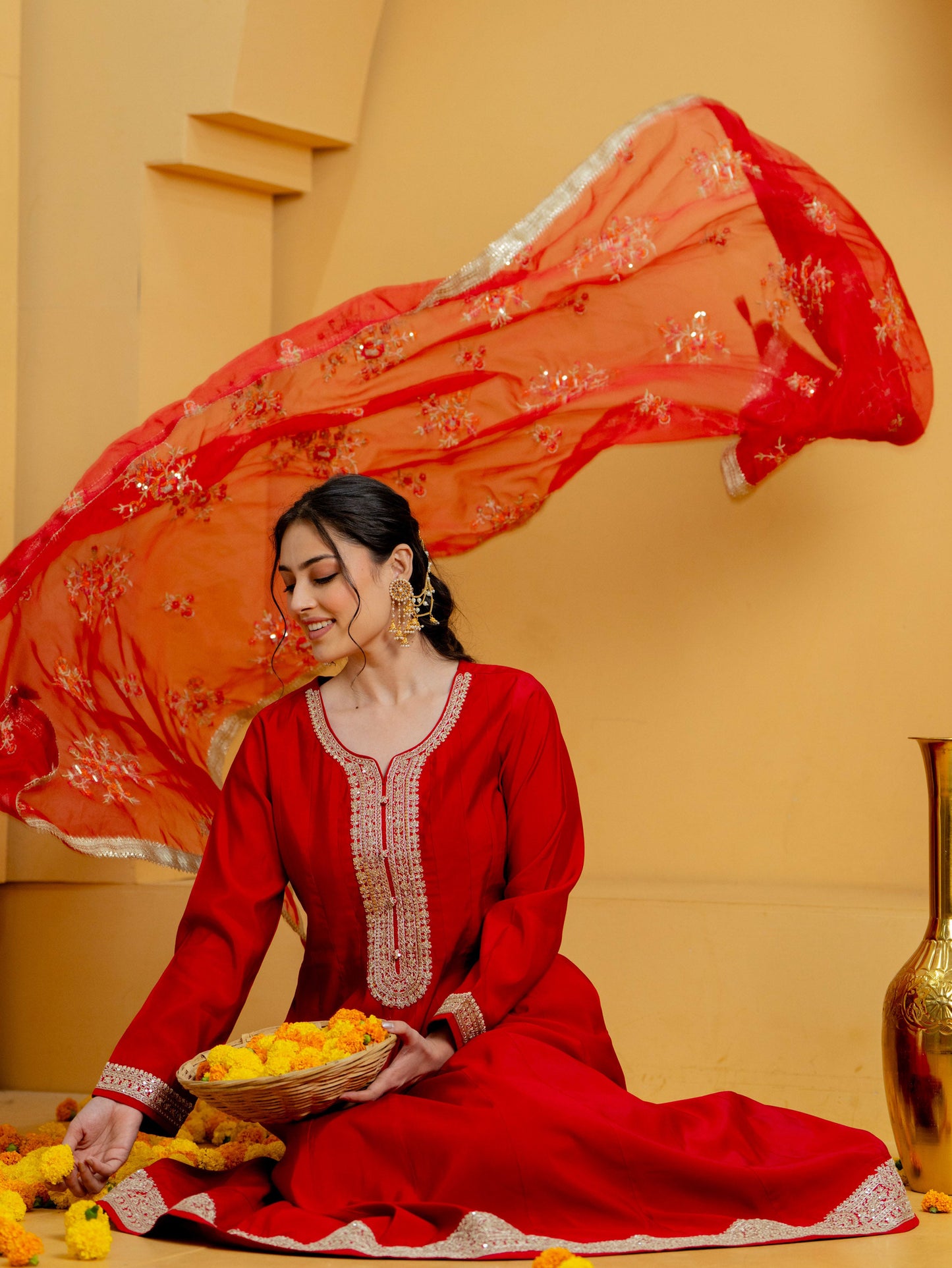 Embroidered Organza Solid Red Dupatta
