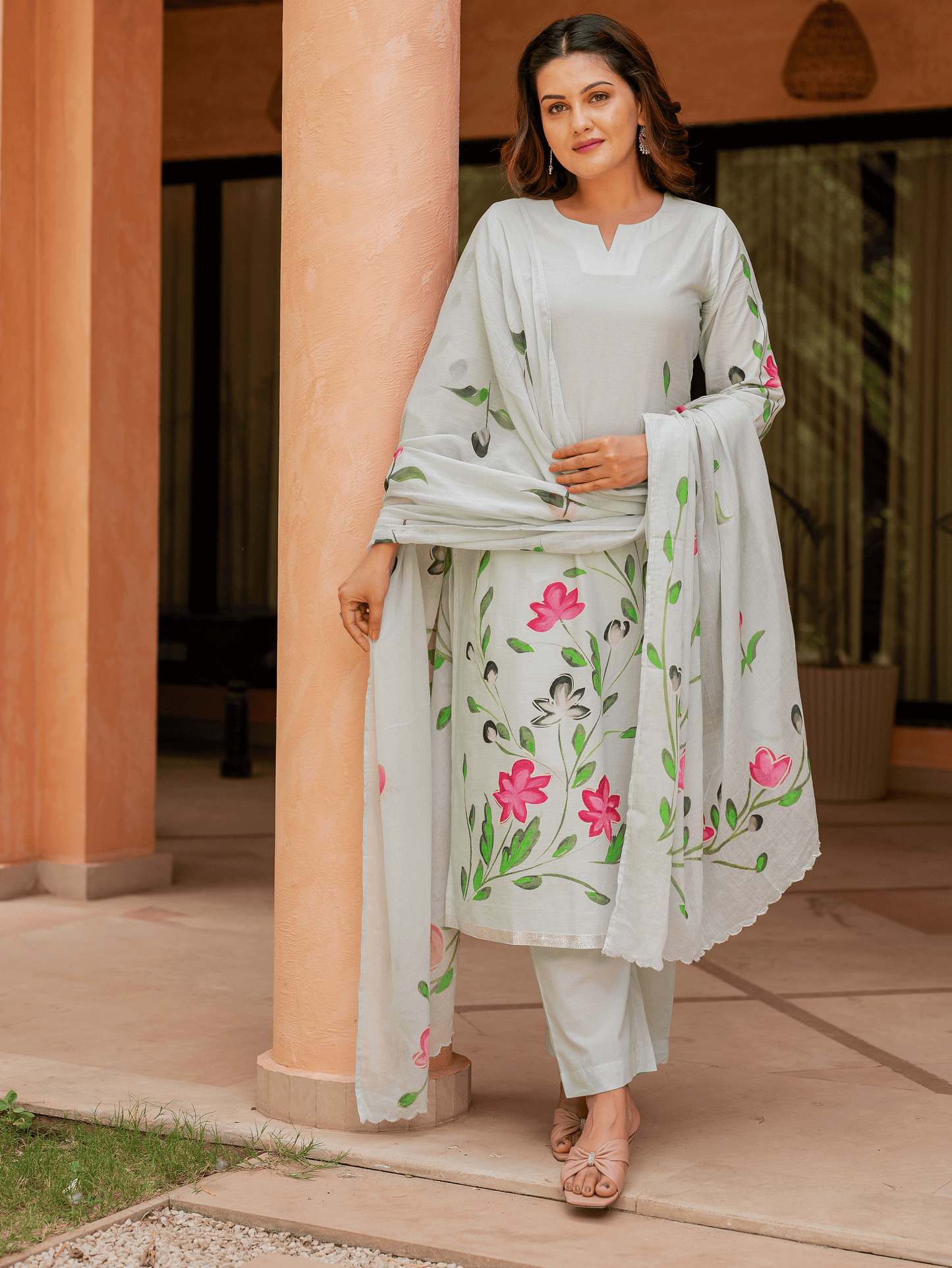 Embroidered Cotton voile Placement Print Blue Dupatta