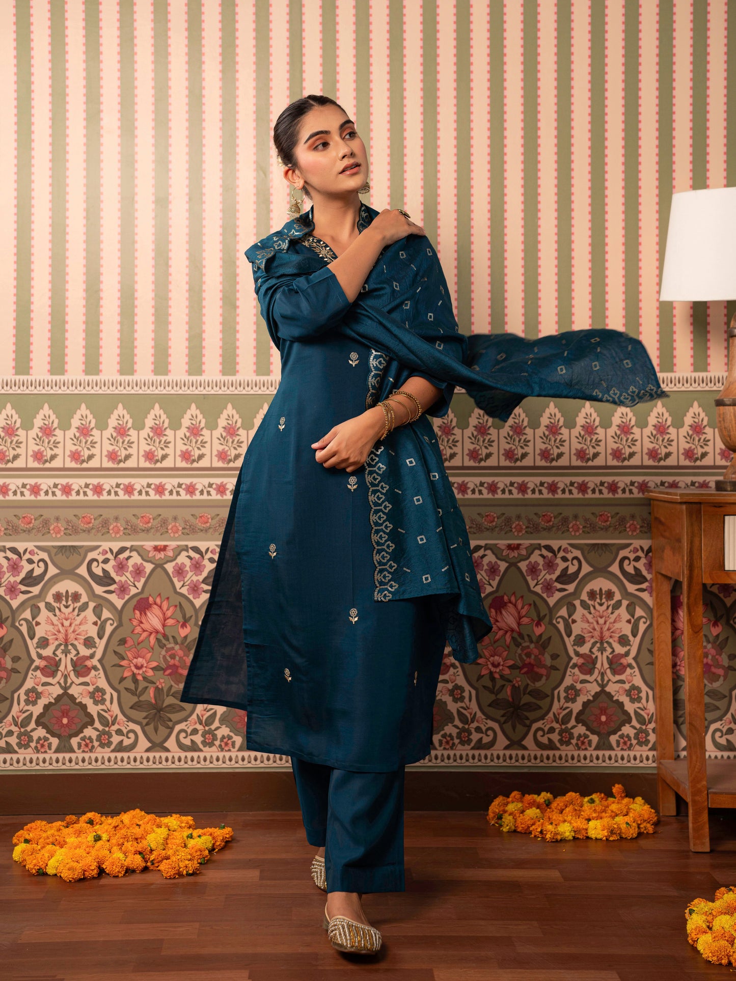 Embroidered Chanderi Solid Straight Blue Kurta
