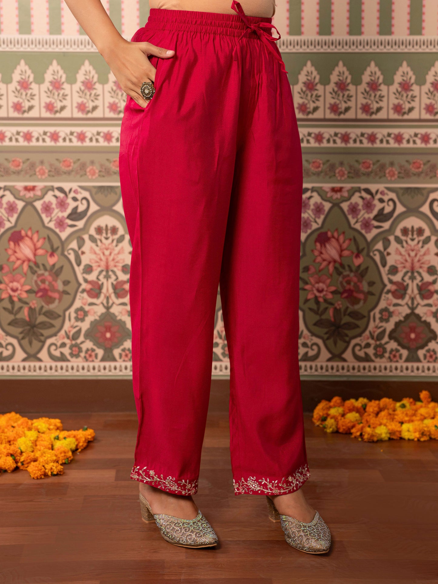 Embroidered Chanderi Solid Straight Red Kurta