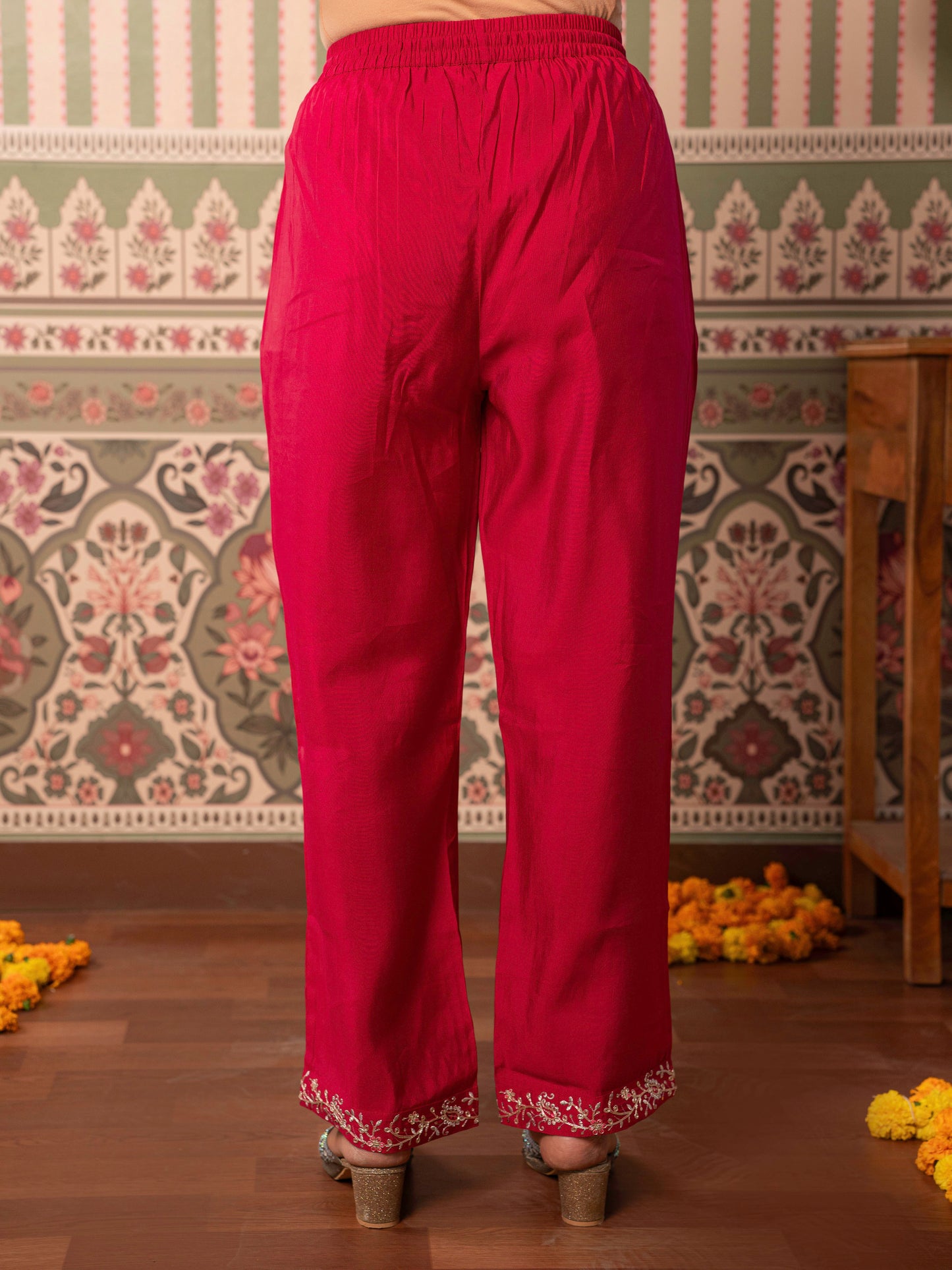 Embroidered Chanderi Solid Red Straight Trousers