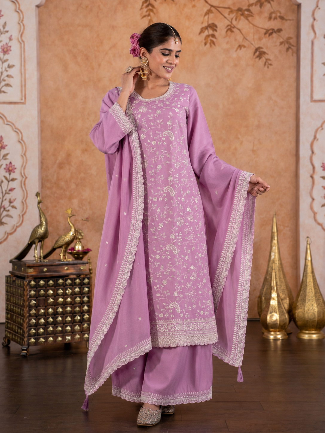 Embroidered Chanderi Solid Lavender Dupatta