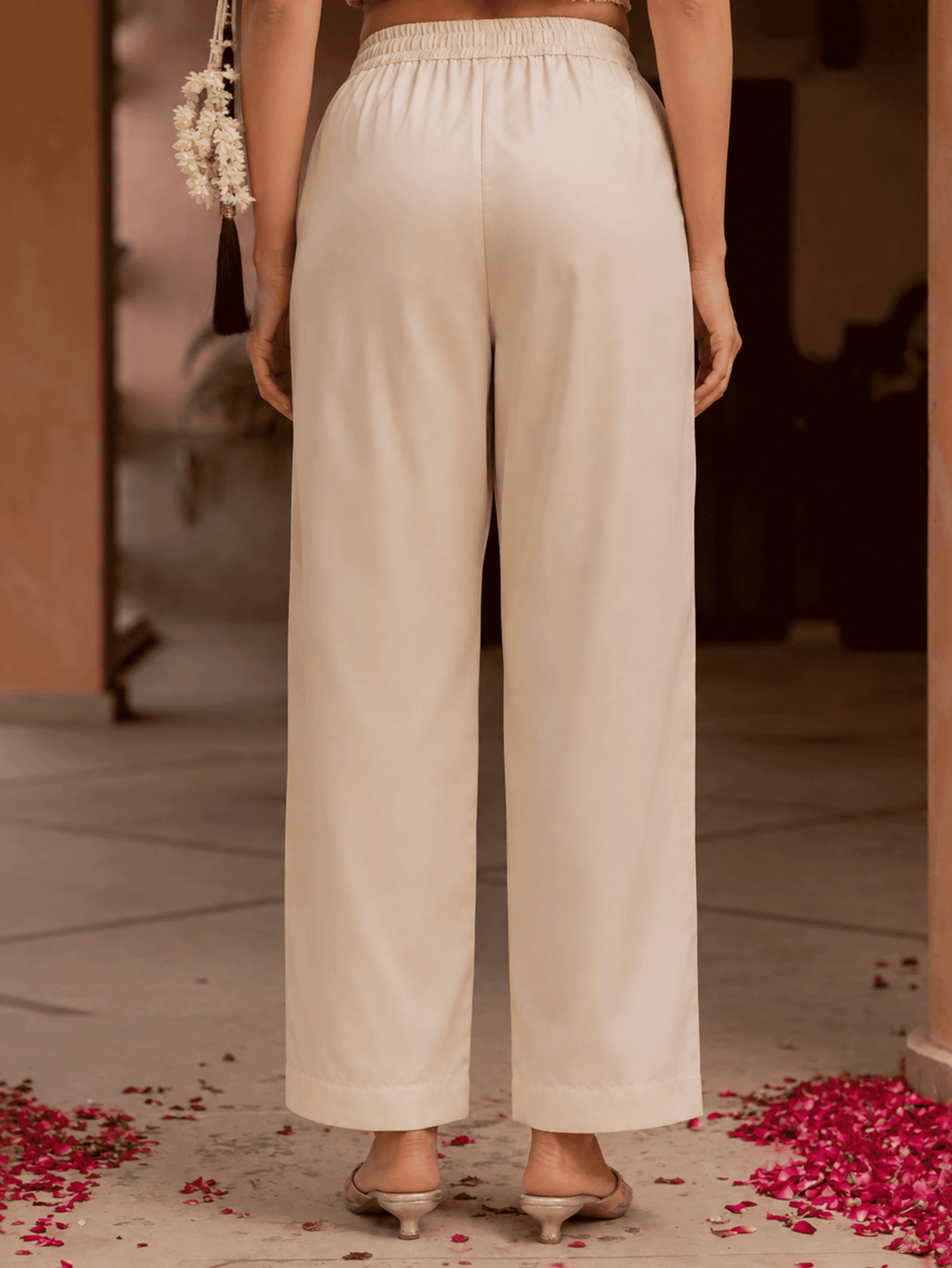 Blended Silk Solid Beige Trousers Trousers