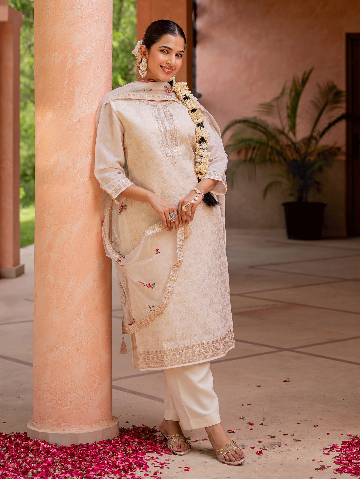 Embroidered Net Solid Beige Dupatta