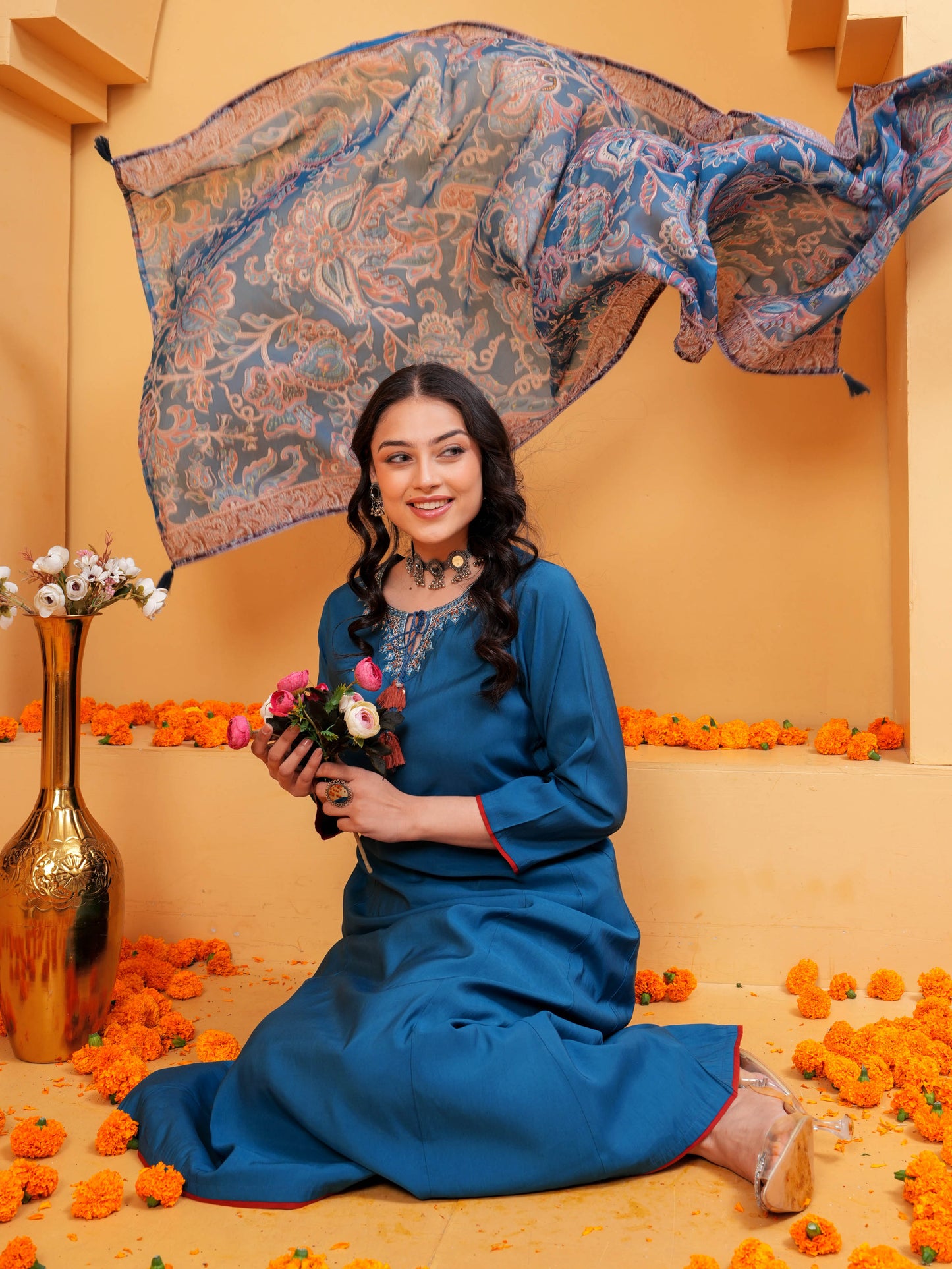 Chanderi Floral Blue Dupatta