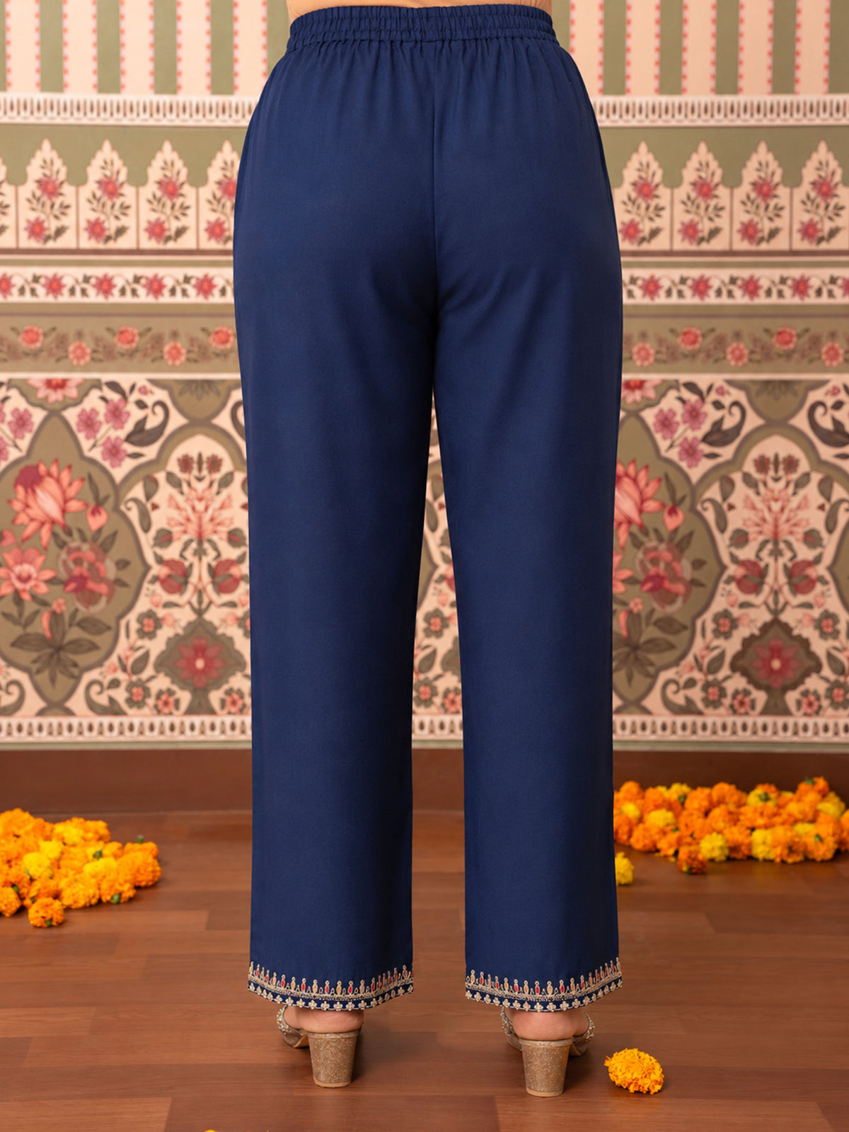 Embroidered Chanderi Solid Violet Straight Trousers