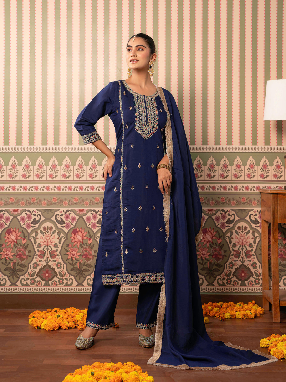 Embroidered Chanderi Solid Straight Violet Kurta