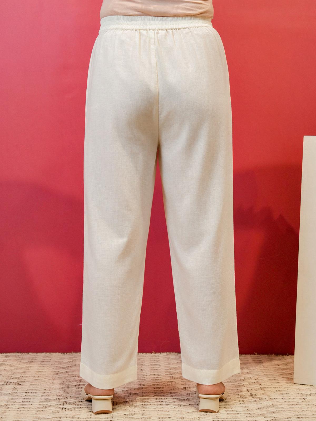 Slub cotton Solid Off White Regular Trousers