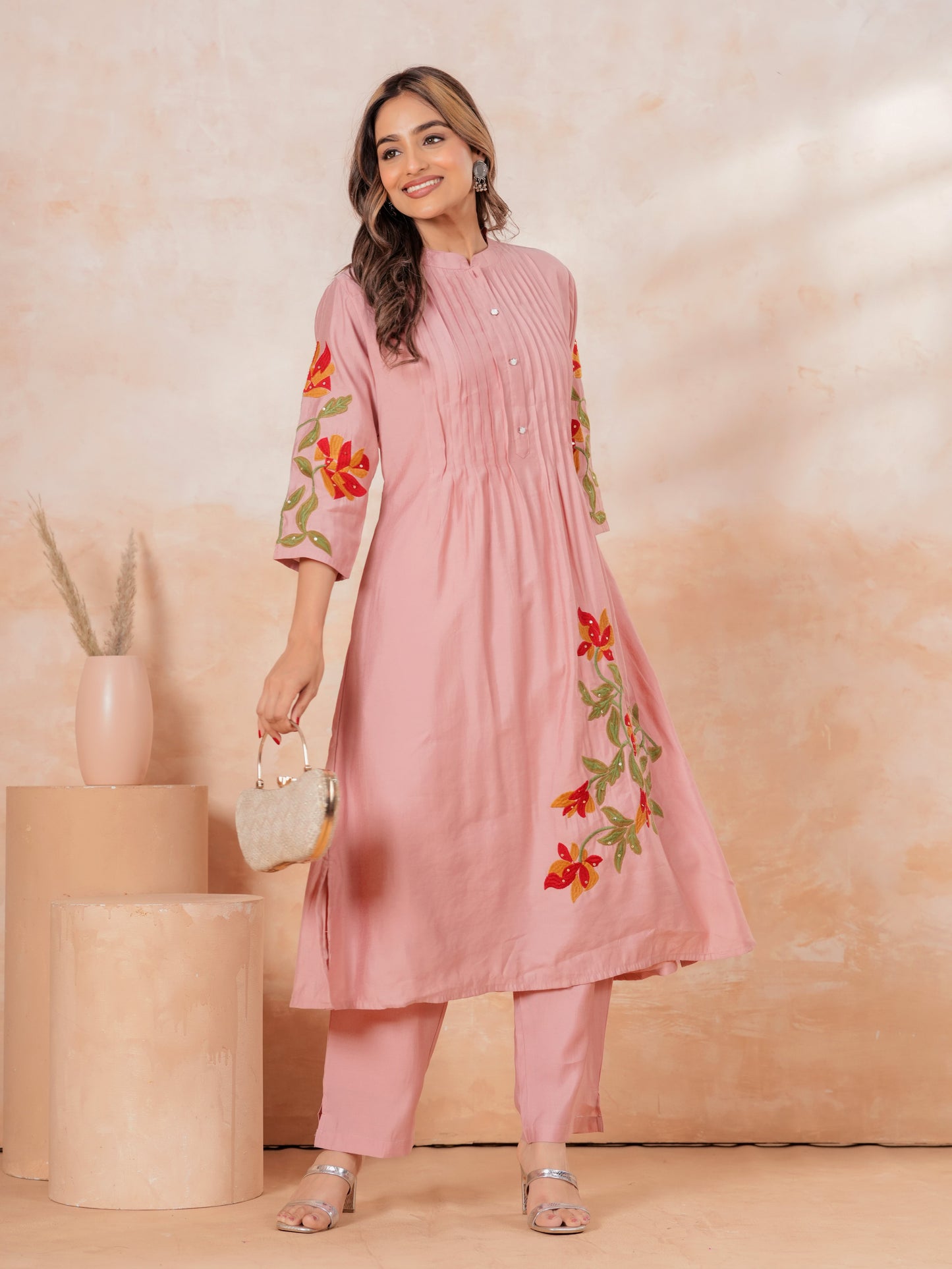 Embroidered Soft Cotton Solid Flared Pink Kurta