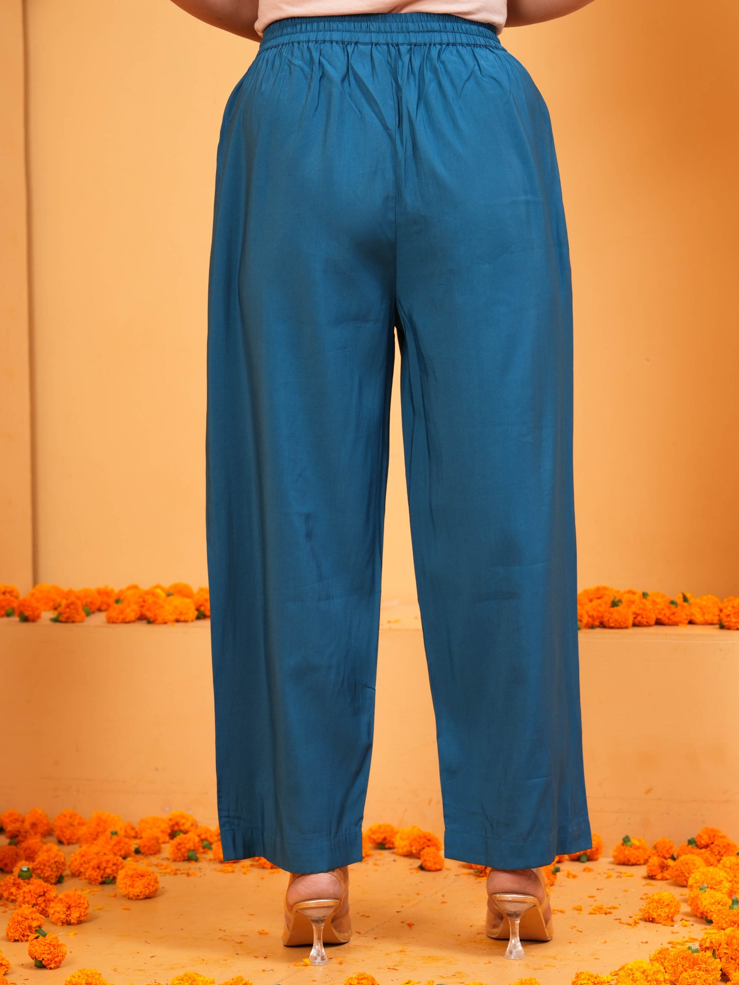 Chanderi Solid Blue Straight Trousers