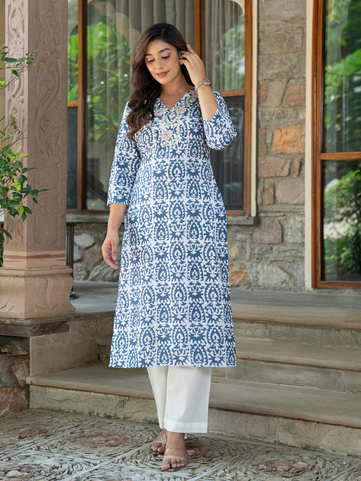 Embroidered Soft Cotton Batik Straight Blue Kurta