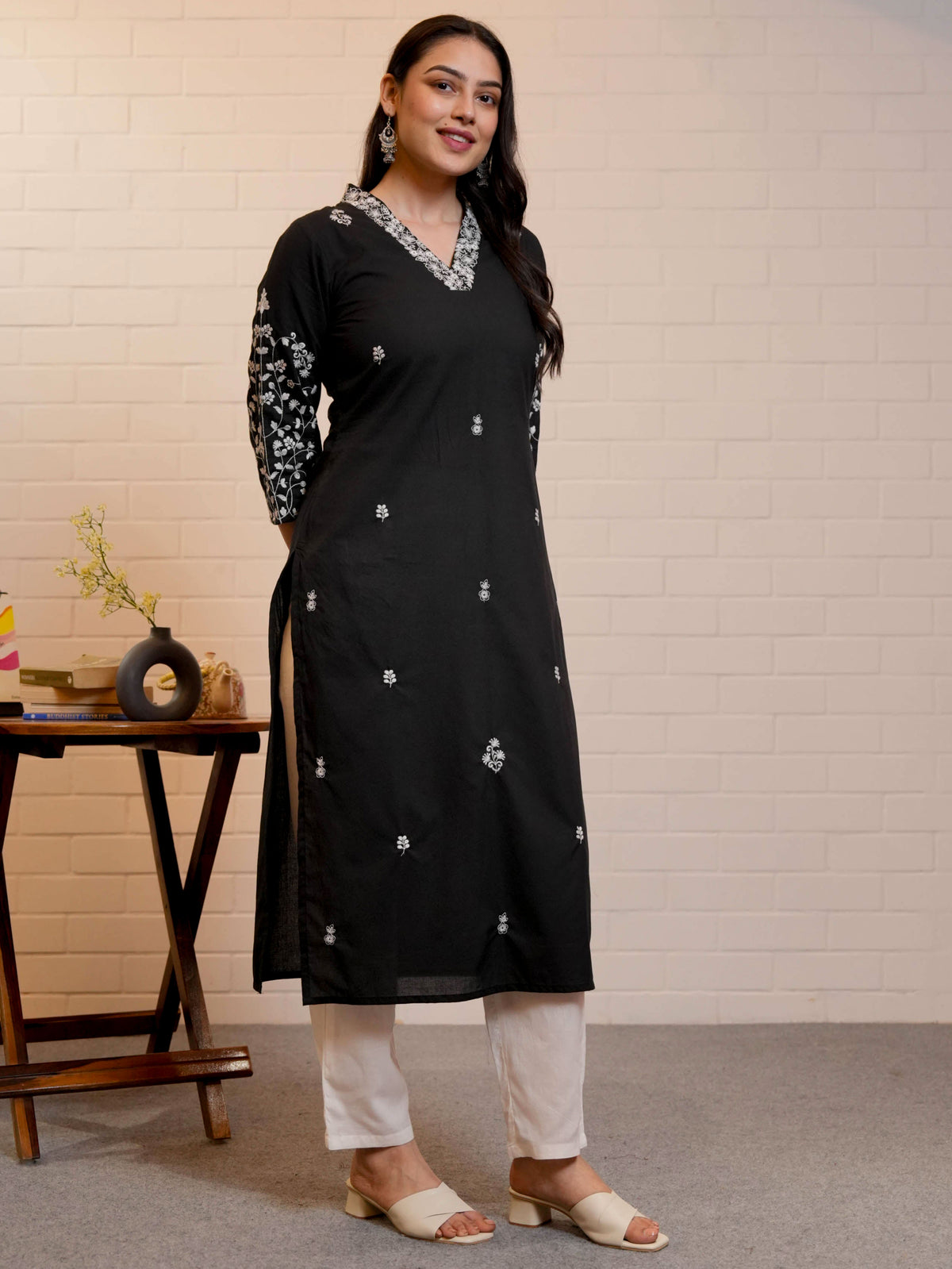 Embroidered Soft Cotton Solid Straight Black Kurta
