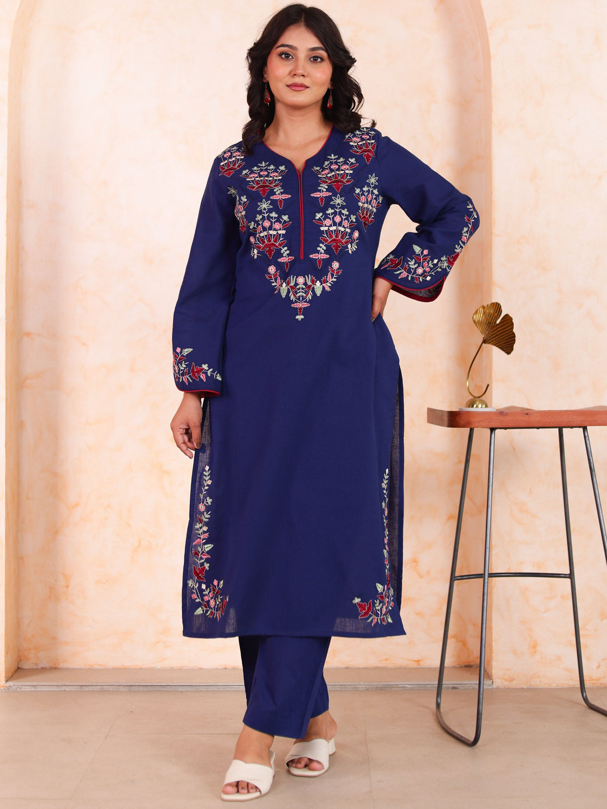 Embroidered Linen cotton Solid Straight Blue Kurta