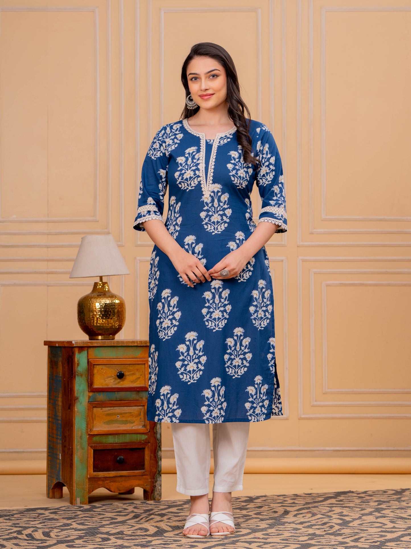 Soft Cotton Floral Straight Blue Kurta