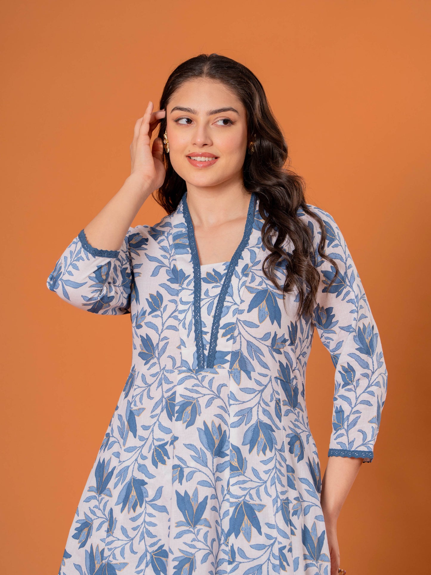 Linen Cotton Floral Anarkali Blue Kurta