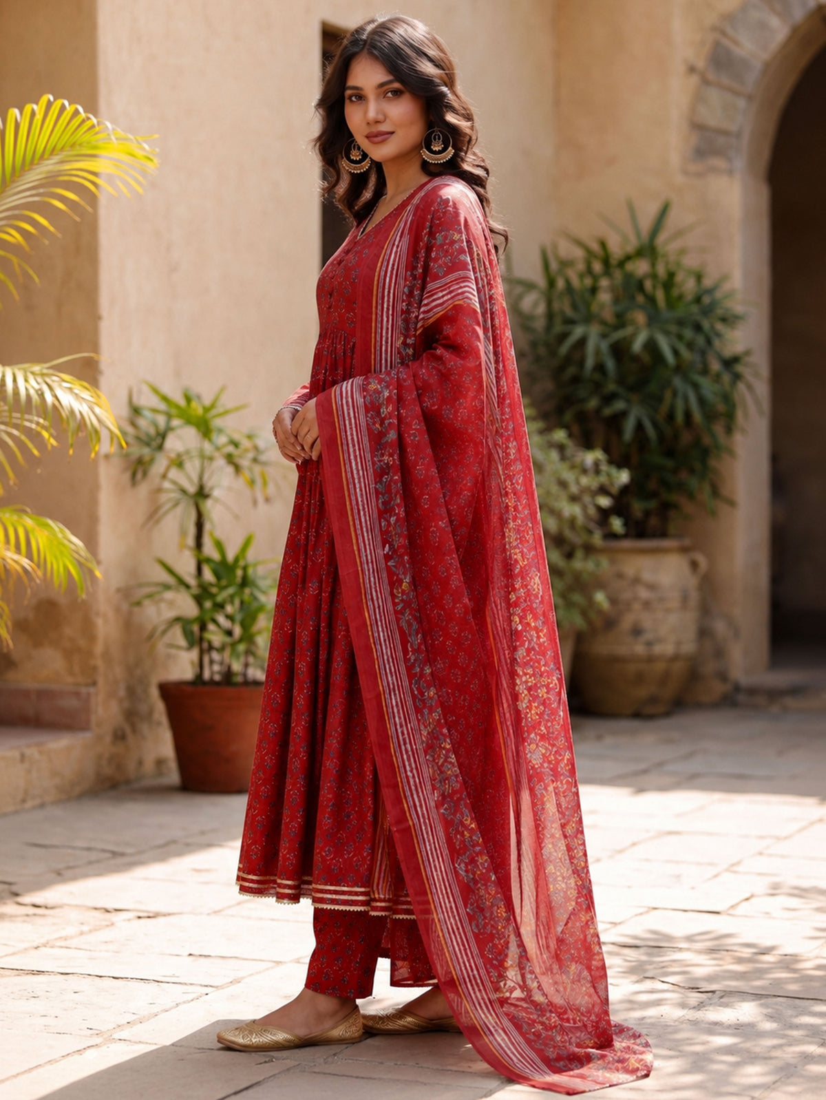 Cotton voile Floral Red Dupatta