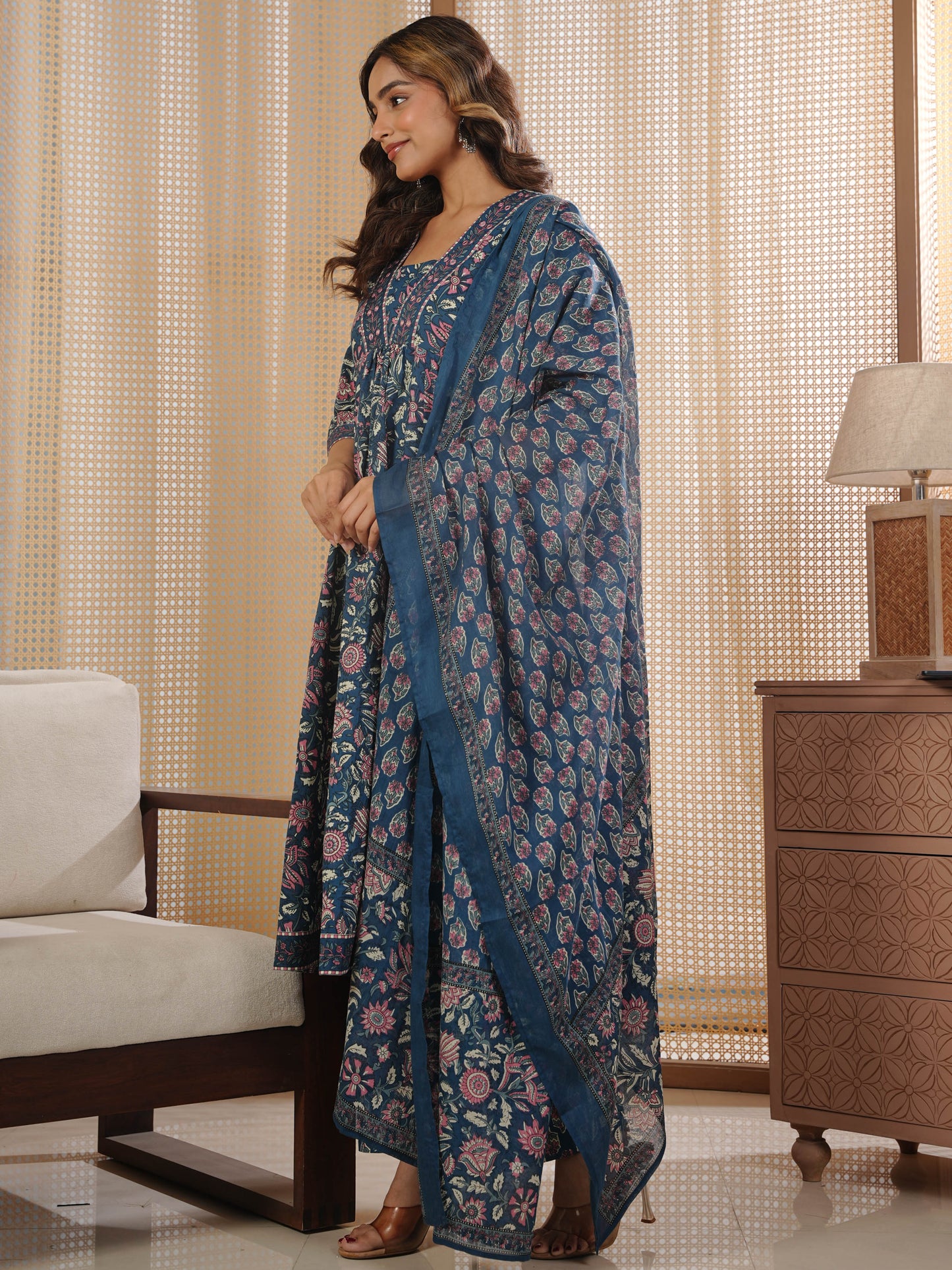 Cotton Voile Floral Blue Dupatta