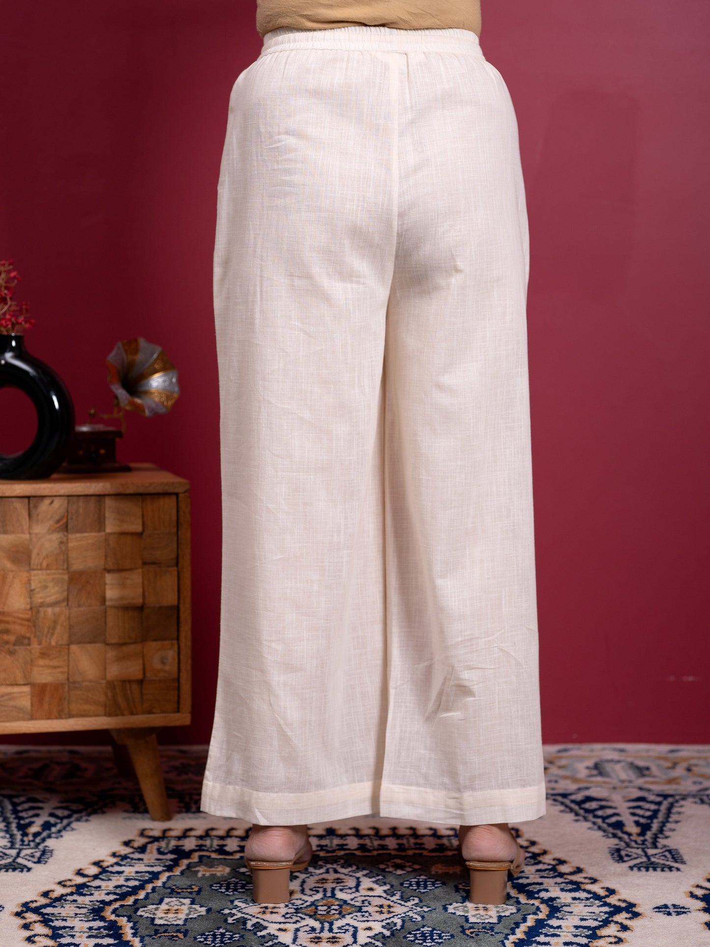 Embroidered Slub cotton Placement Print Straight Off White Kurta