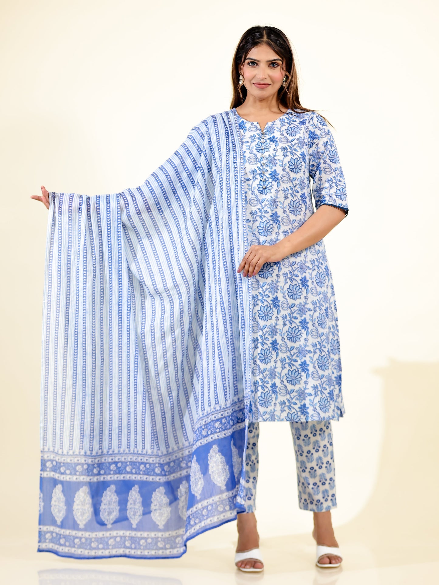Voile Cotton Striped Blue Dupatta