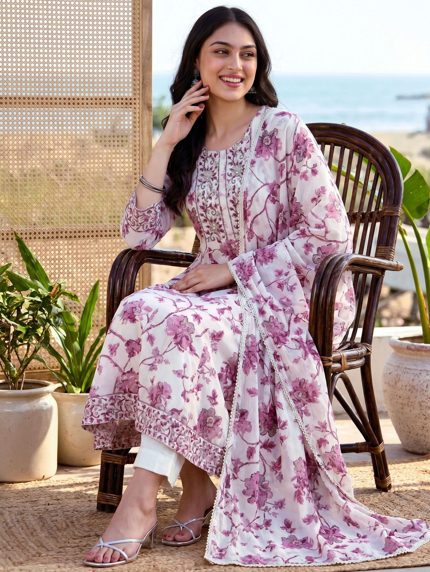 Cotton voile Floral Off White Dupatta