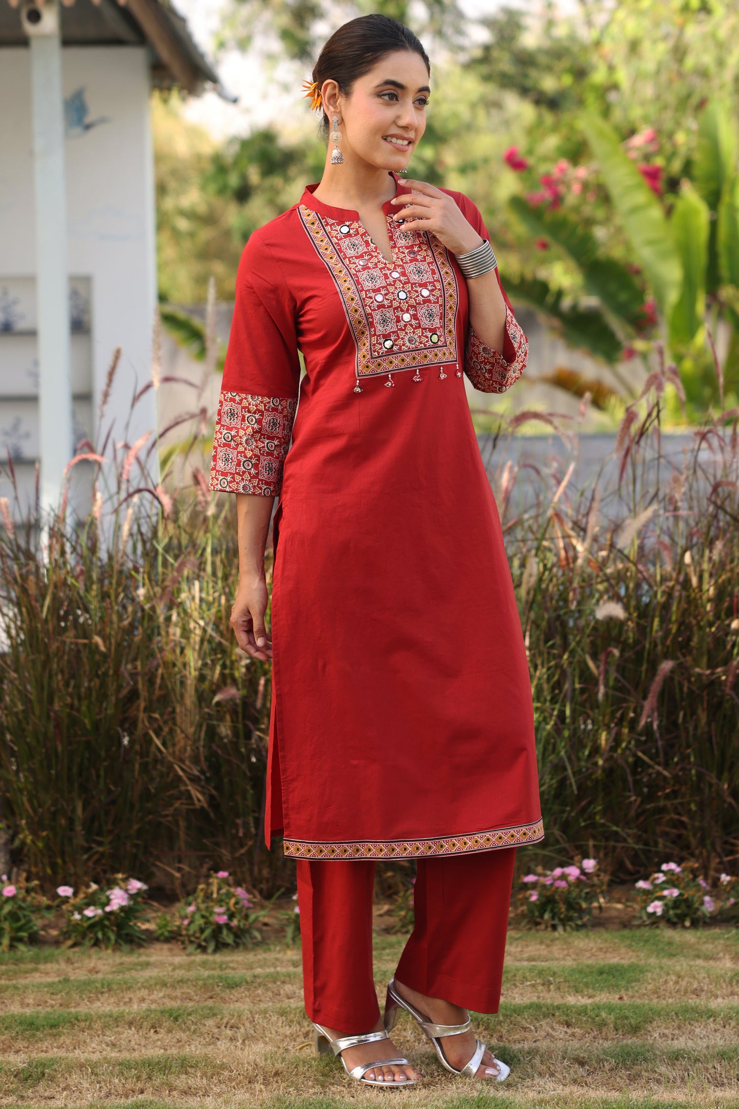 Embroidered Soft cotton Solid Straight Rust Kurta