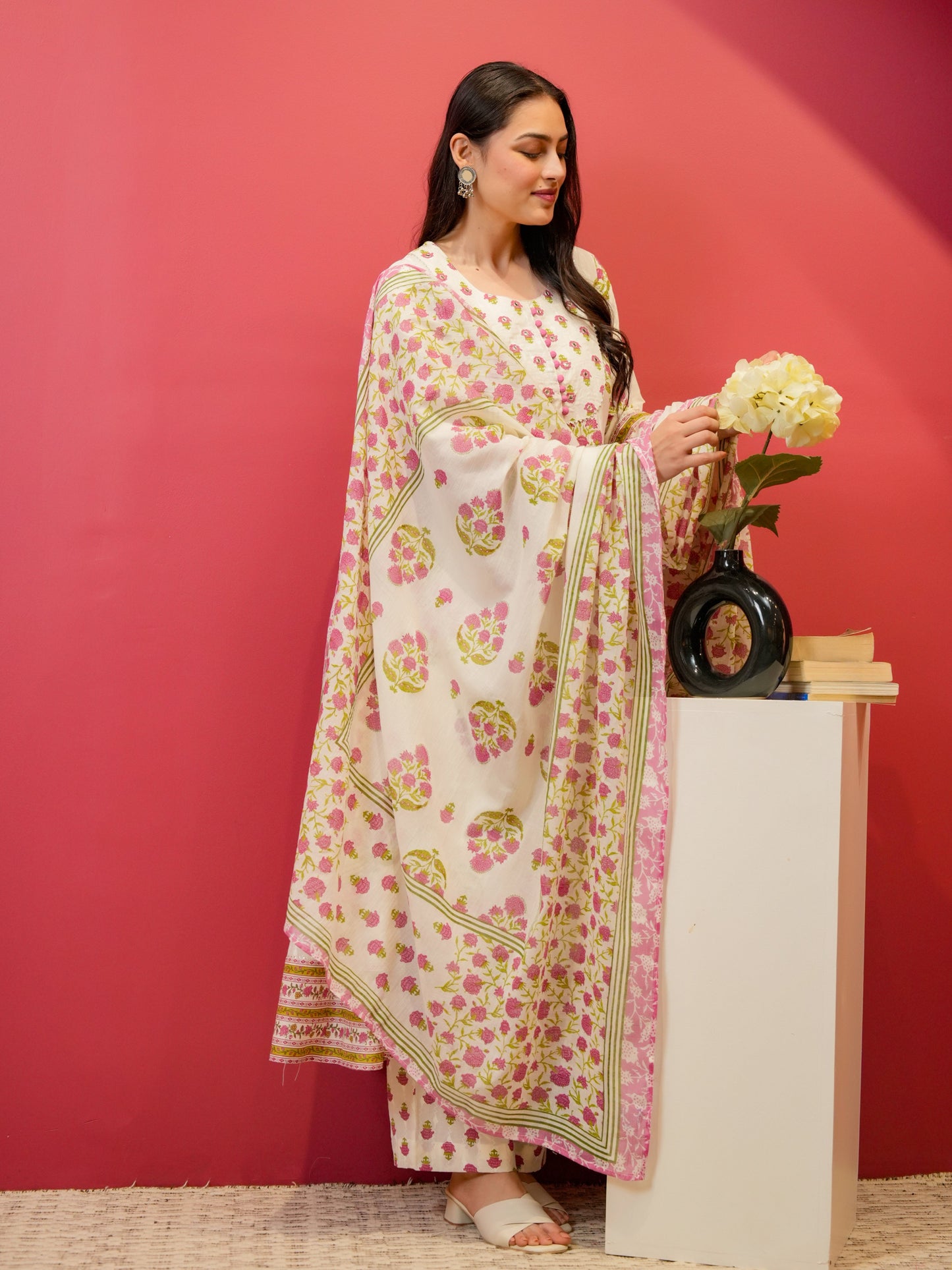 Embroidered Soft Cotton Butta Anarkali White Kurta