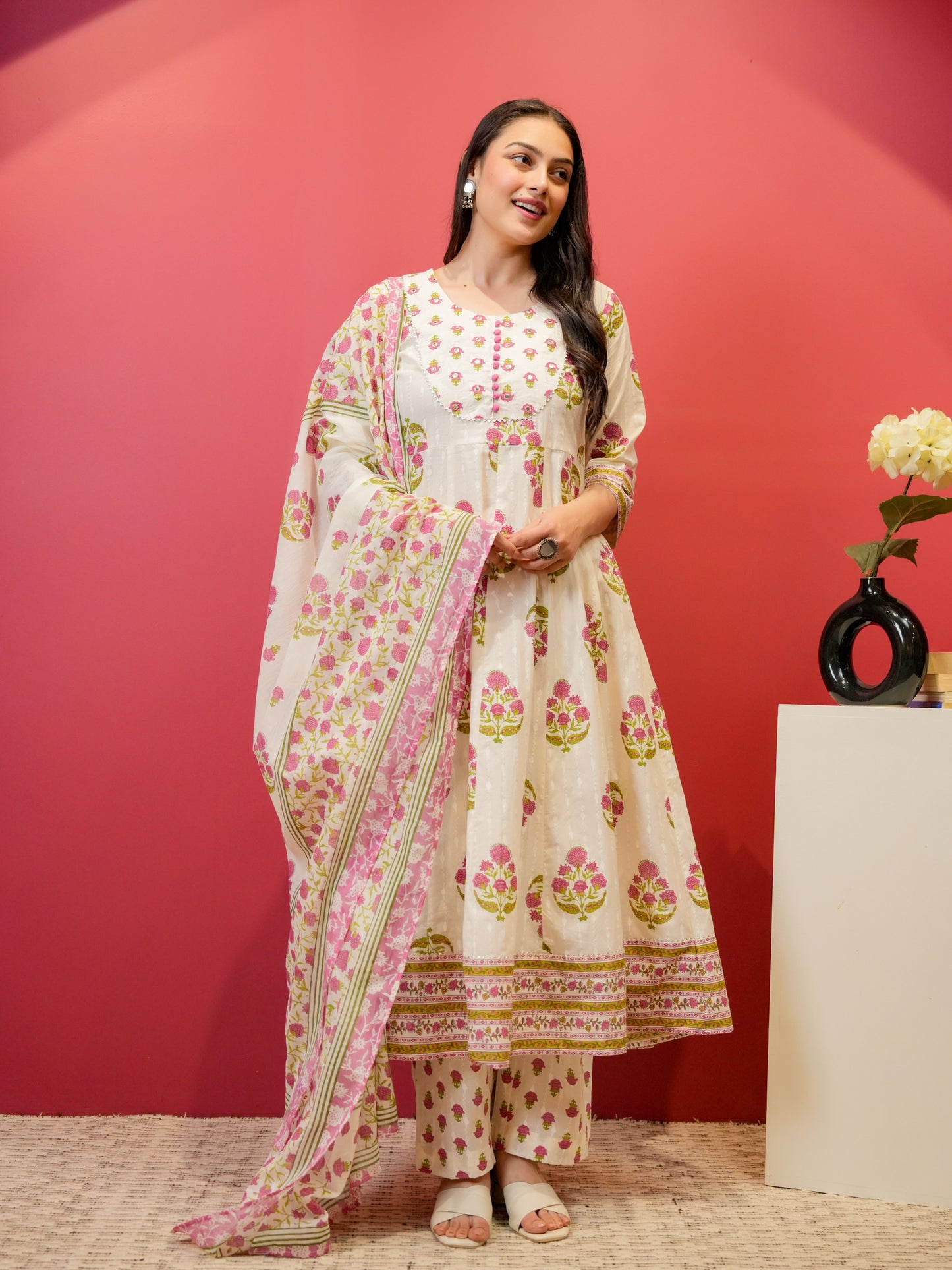Embroidered Soft Cotton Butta Anarkali White Kurta