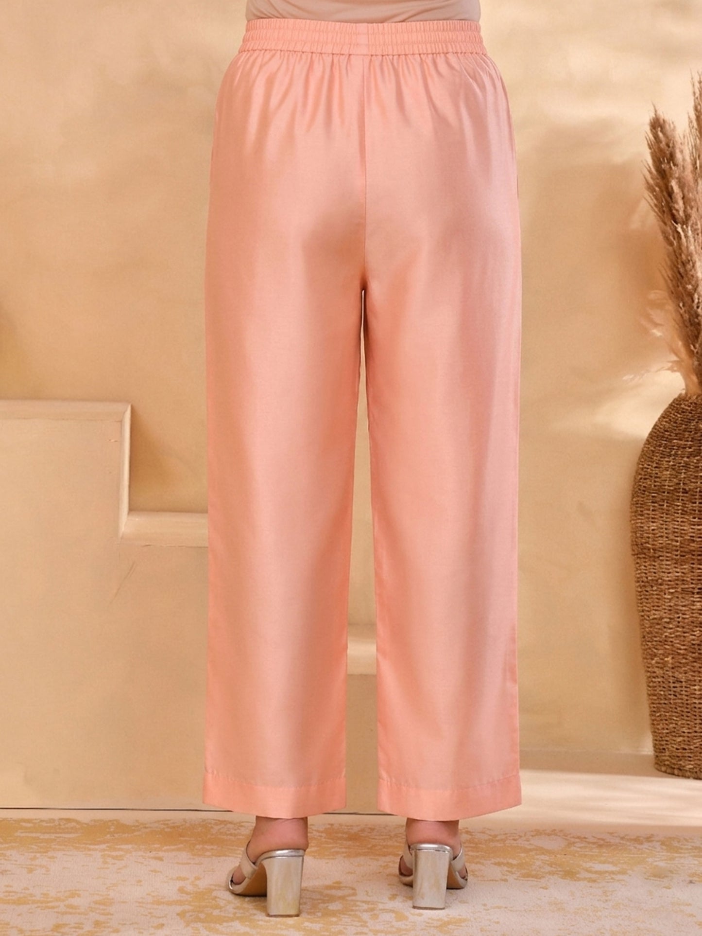 Chanderi Solid Peach Straight Trousers