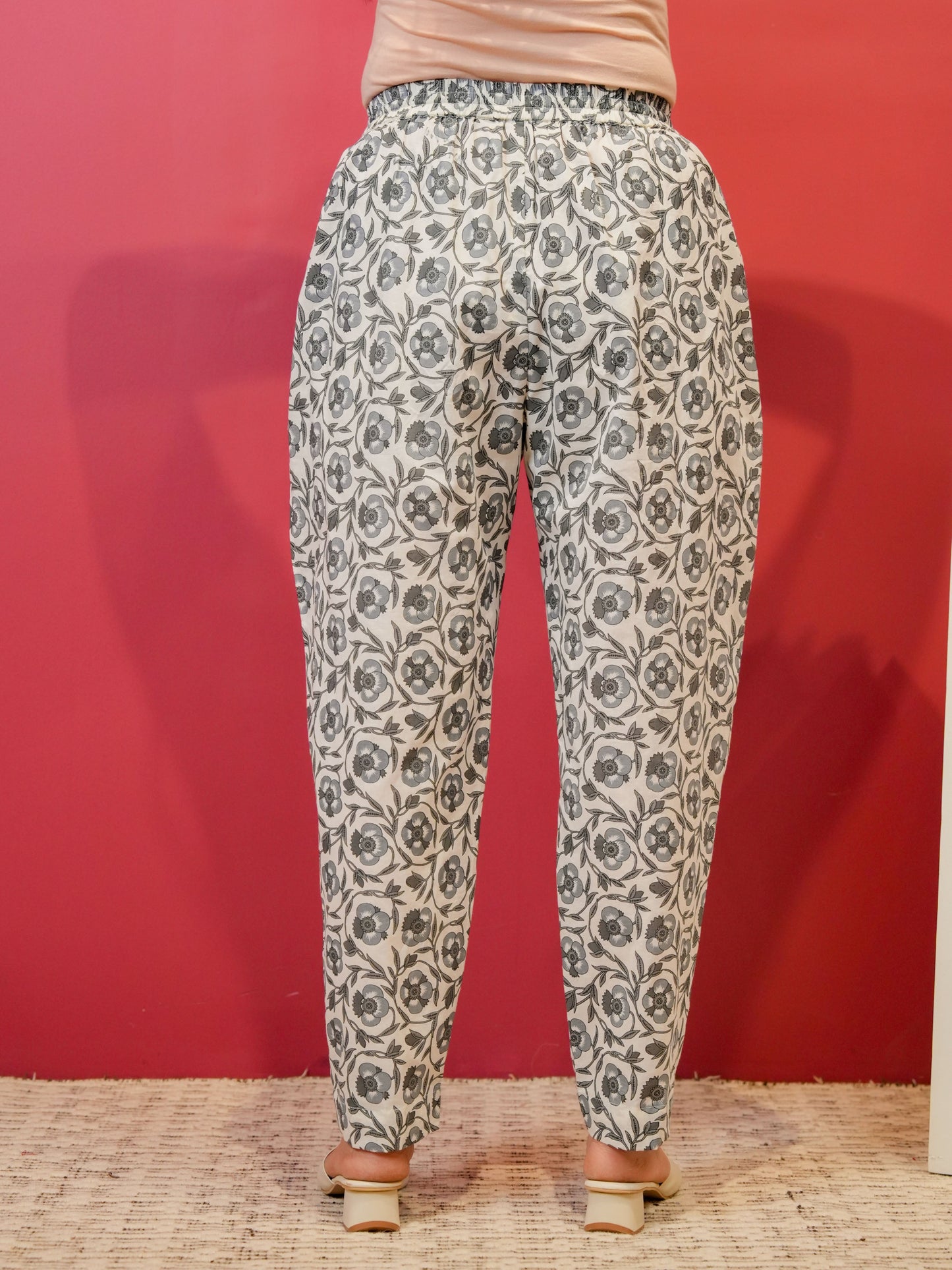 Soft Cotton Floral Off White Straight Trousers
