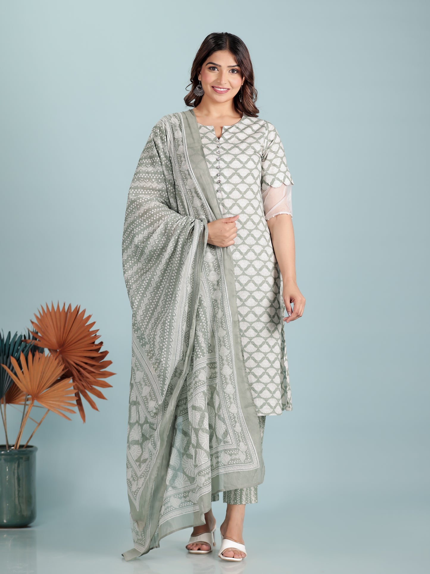 Voile Cotton Abstract Green Dupatta
