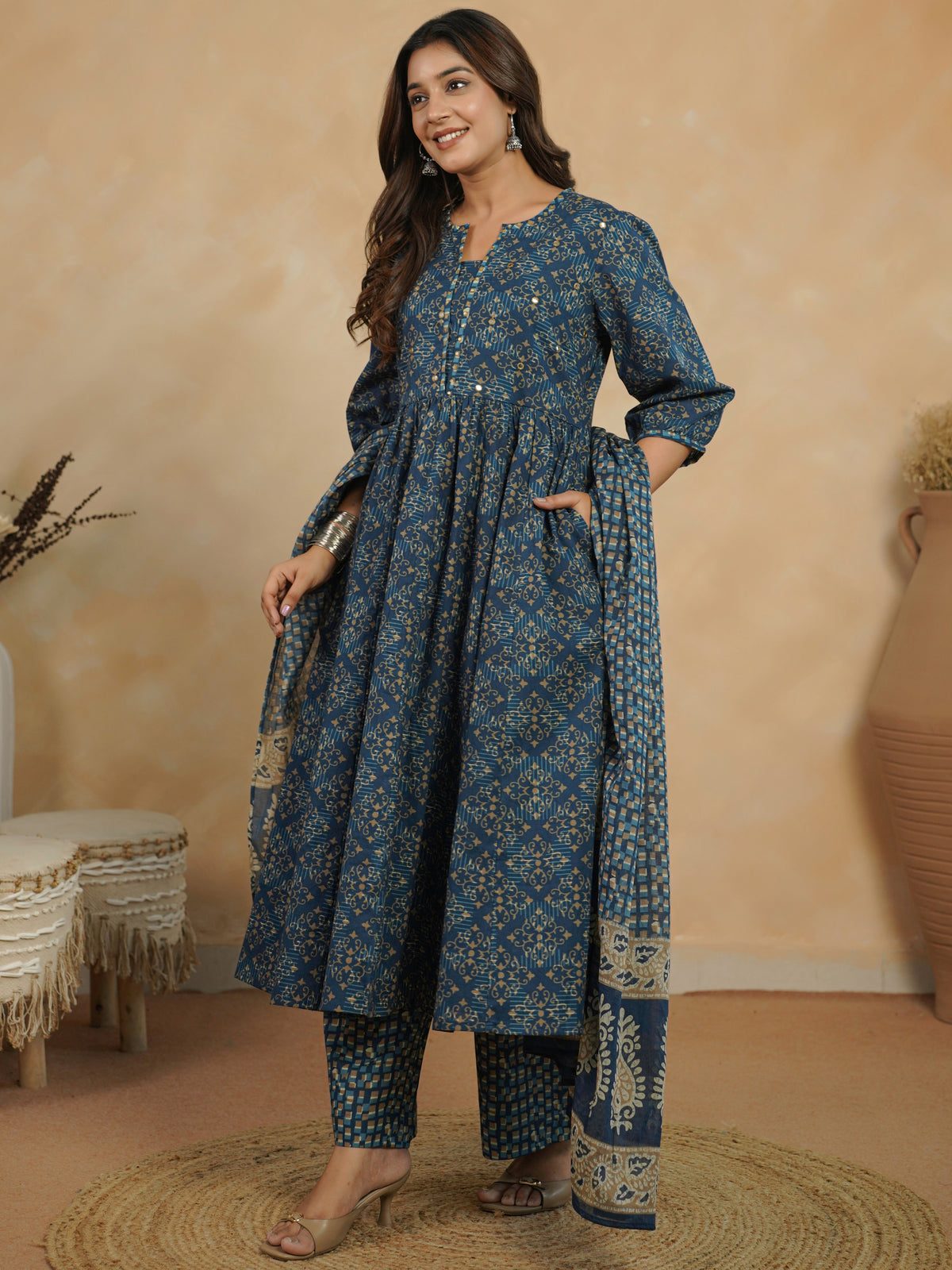 Cotton Voile Geometric Indigo blue Dupatta