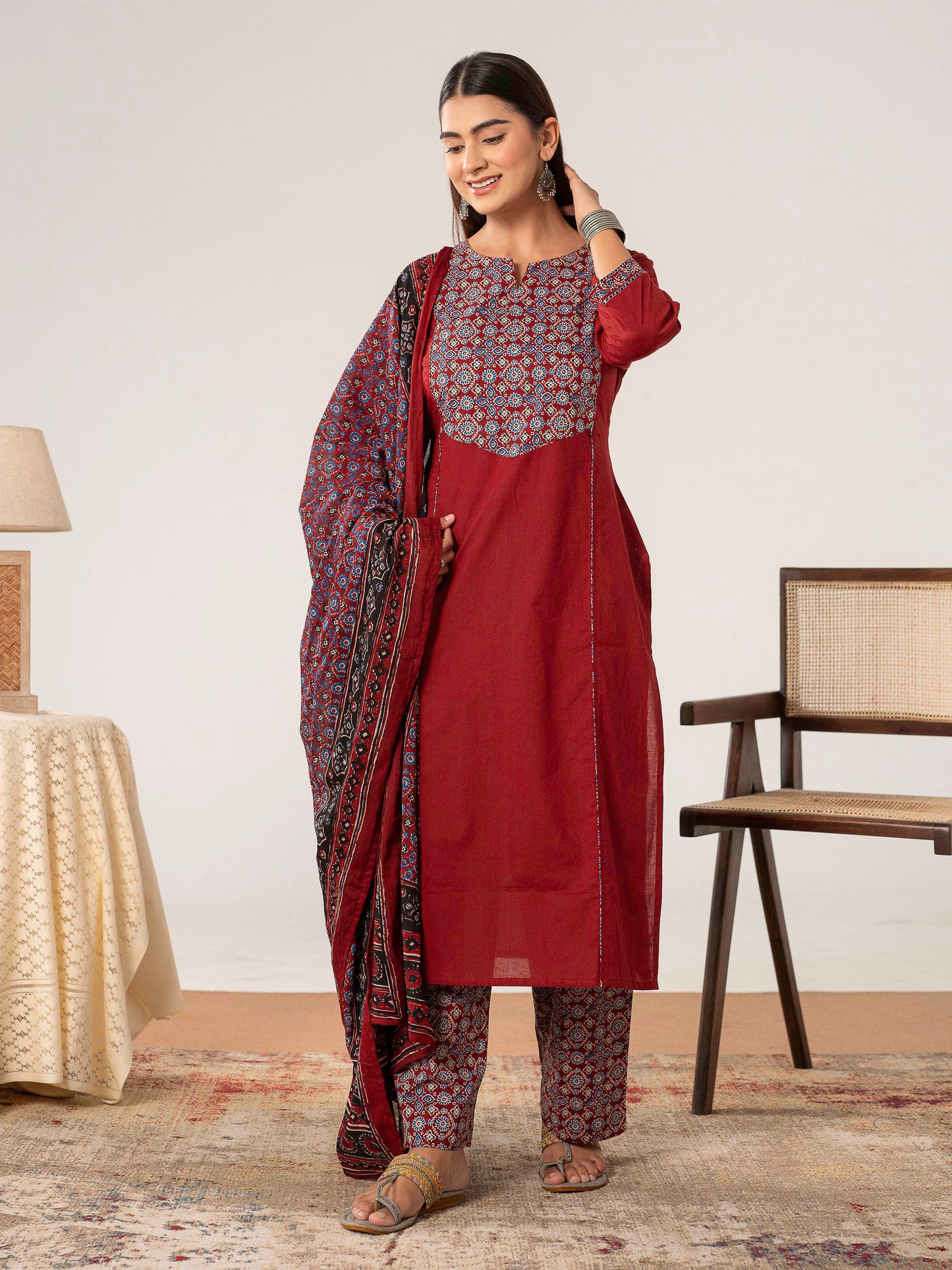 Cotton voile Ajrakh Maroon Dupatta