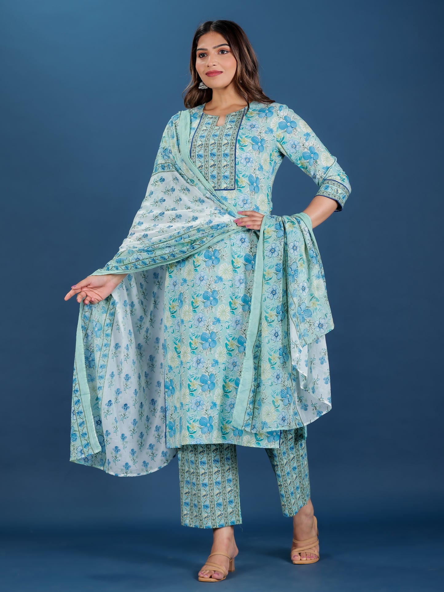 Voile Cotton Floral Blue Dupatta
