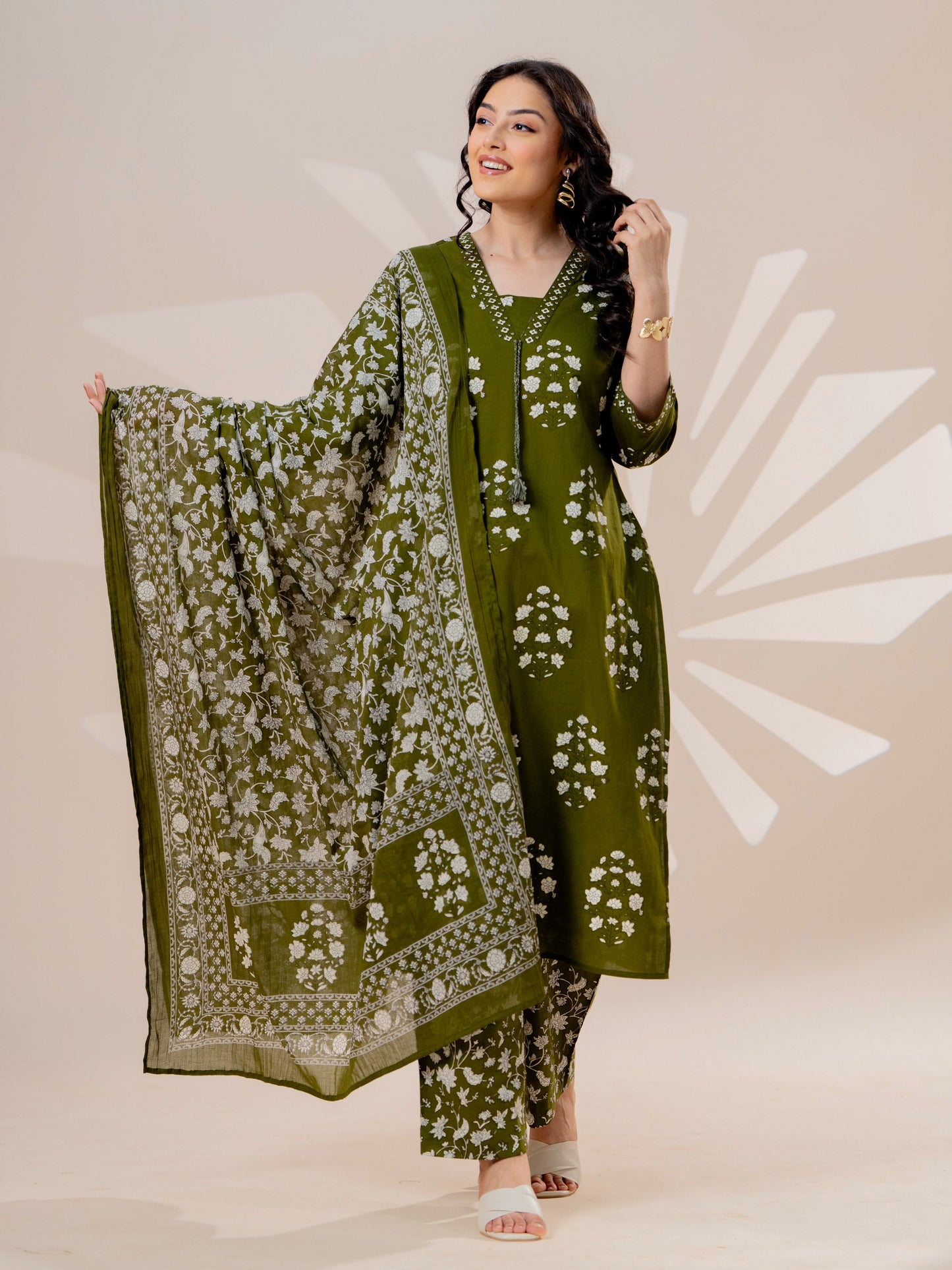 Cotton voile Jaal Military Green Dupatta