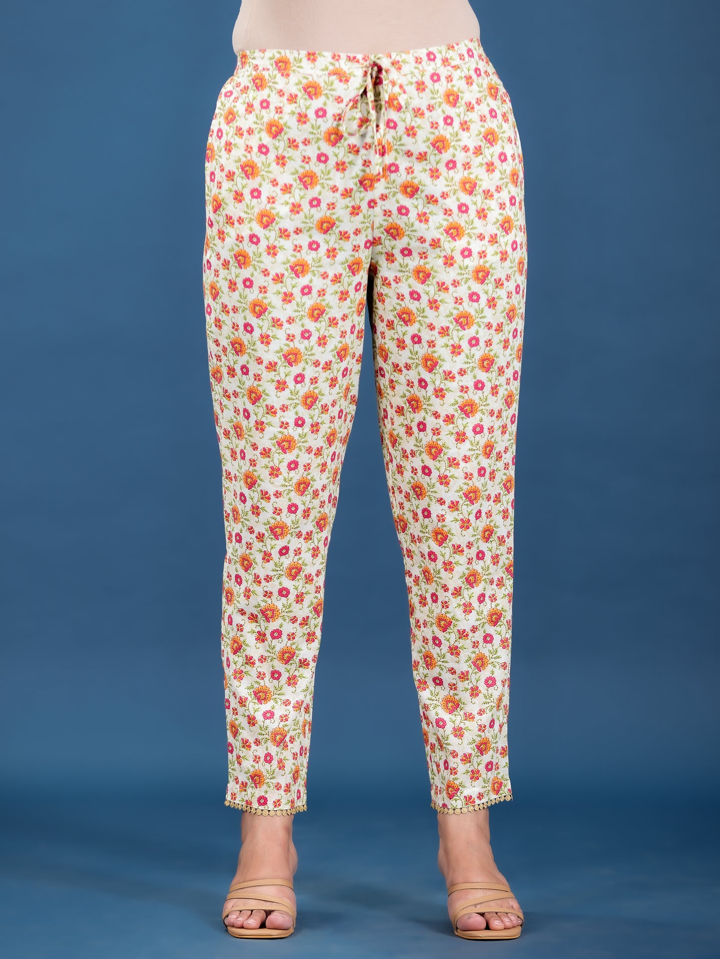 Soft Cotton Floral Beige Tapered Trousers