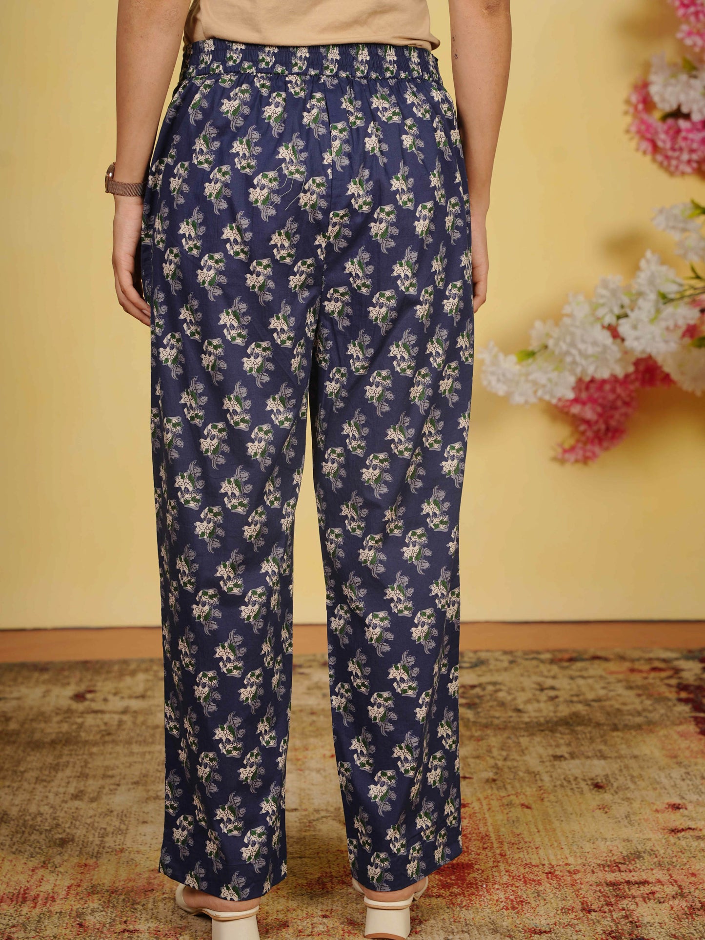 Soft Cotton Floral Navy Blue Straight Trousers